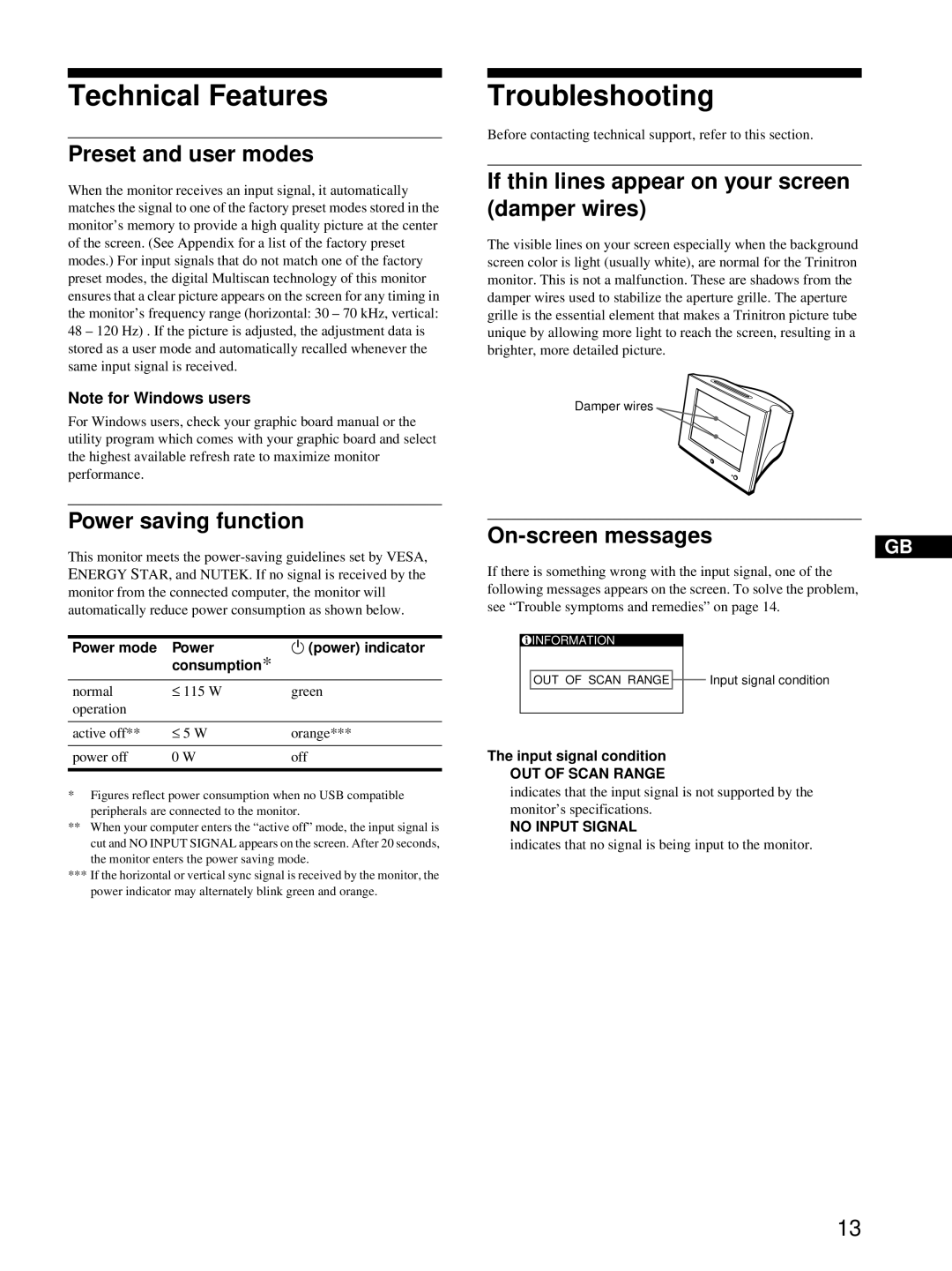 Sony HMD-A220 operating instructions Technical Features, Troubleshooting 