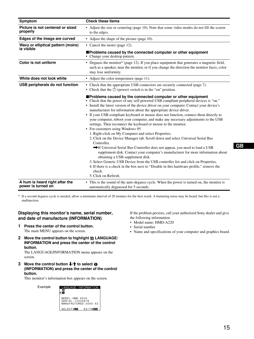 Sony HMD-A220 Symptom Check these items Picture is not centered or sized, Properly, Edges of the image are curved 