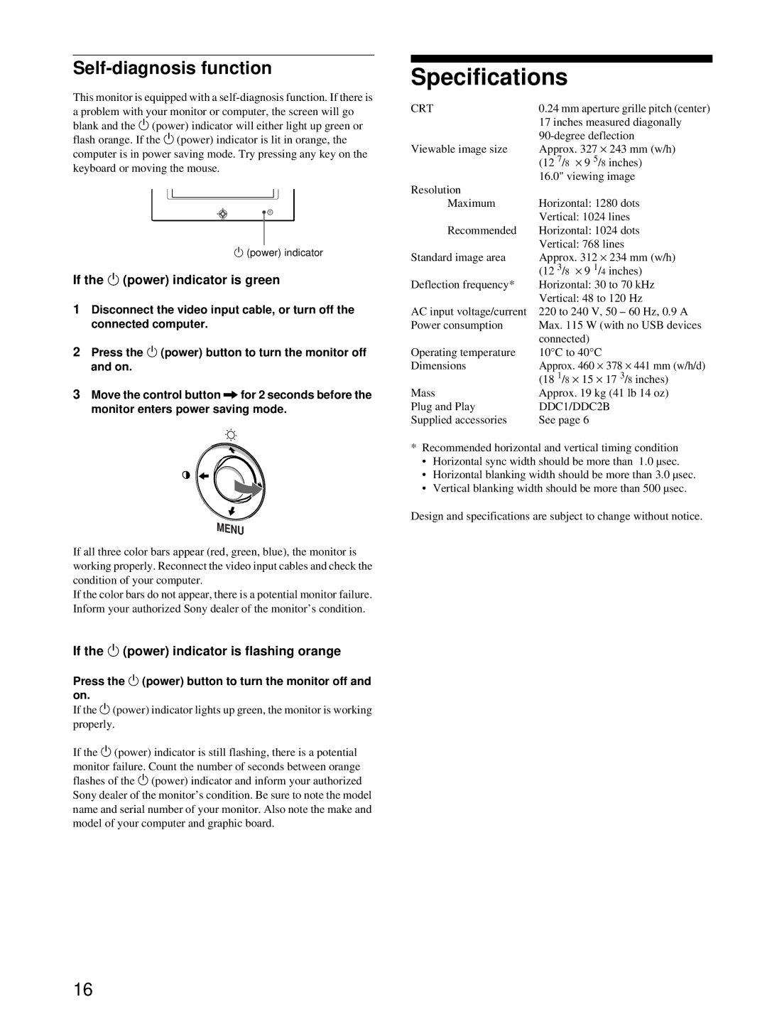 Sony HMD-A220 operating instructions Specifications, Self-diagnosis function, If the 1 power indicator is green 