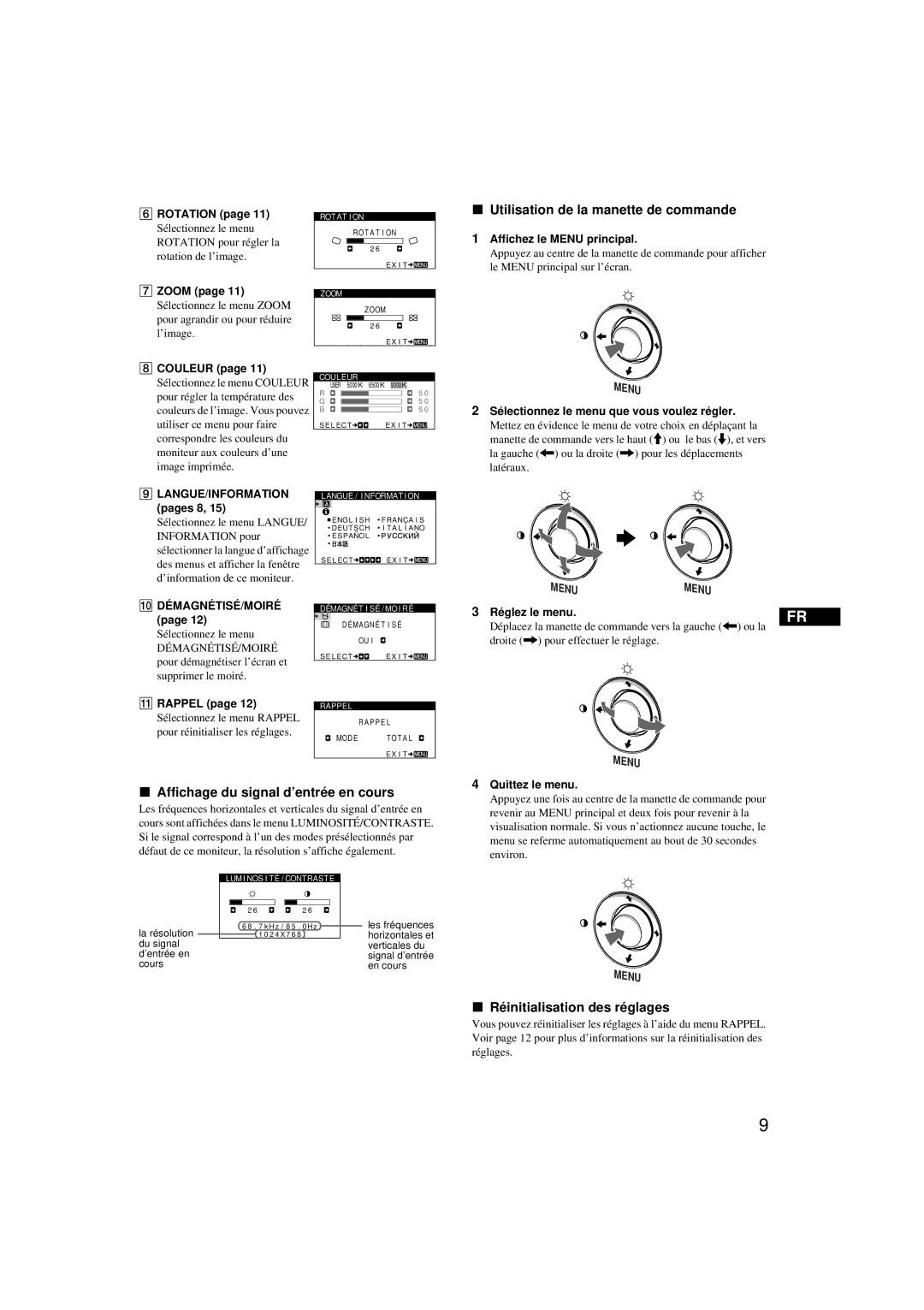 Sony HMD-A220 Utilisation de la manette de commande, Affichage du signal d’entrée en cours, Réinitialisation des réglages 