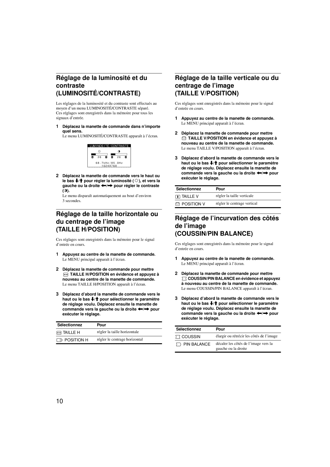 Sony HMD-A220 operating instructions Luminosité/Contraste, Taille H/POSITION, Taille V/POSITION, COUSSIN/PIN Balance 