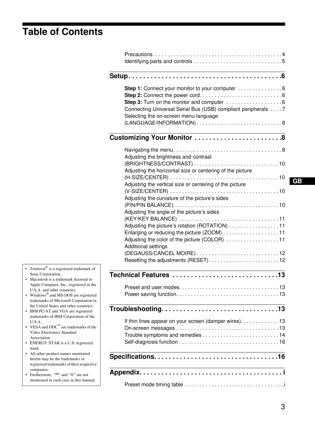 Sony HMD-A220 operating instructions Table of Contents 