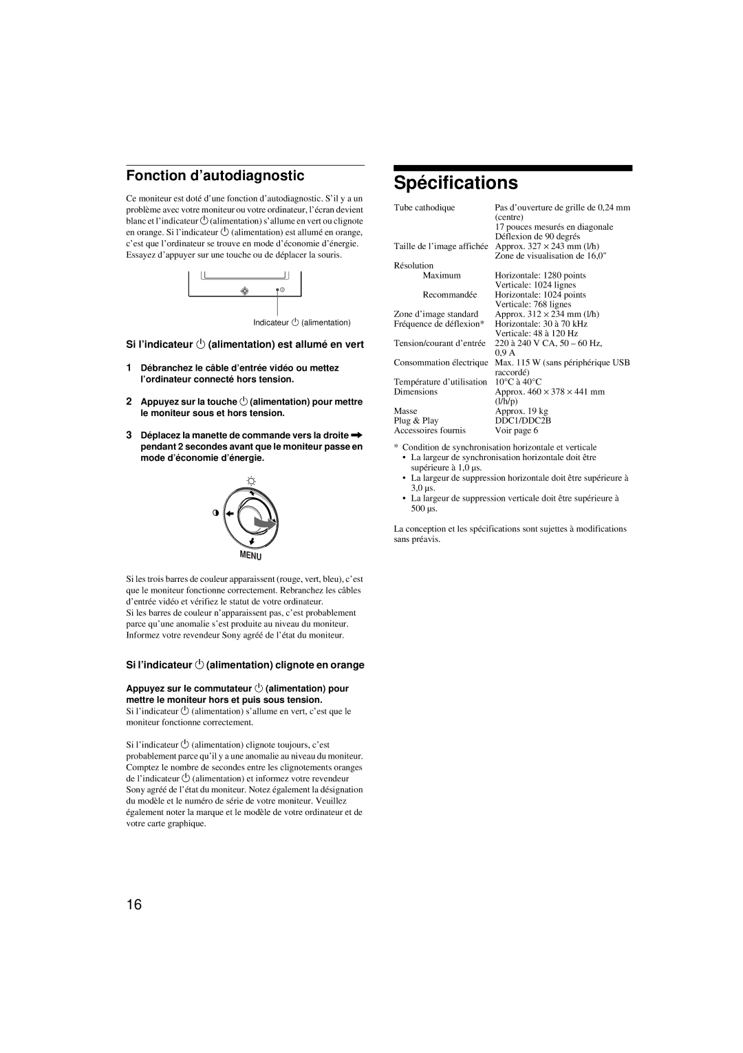 Sony HMD-A220 Spécifications, Fonction d’autodiagnostic, Si l’indicateur 1 alimentation est allumé en vert 