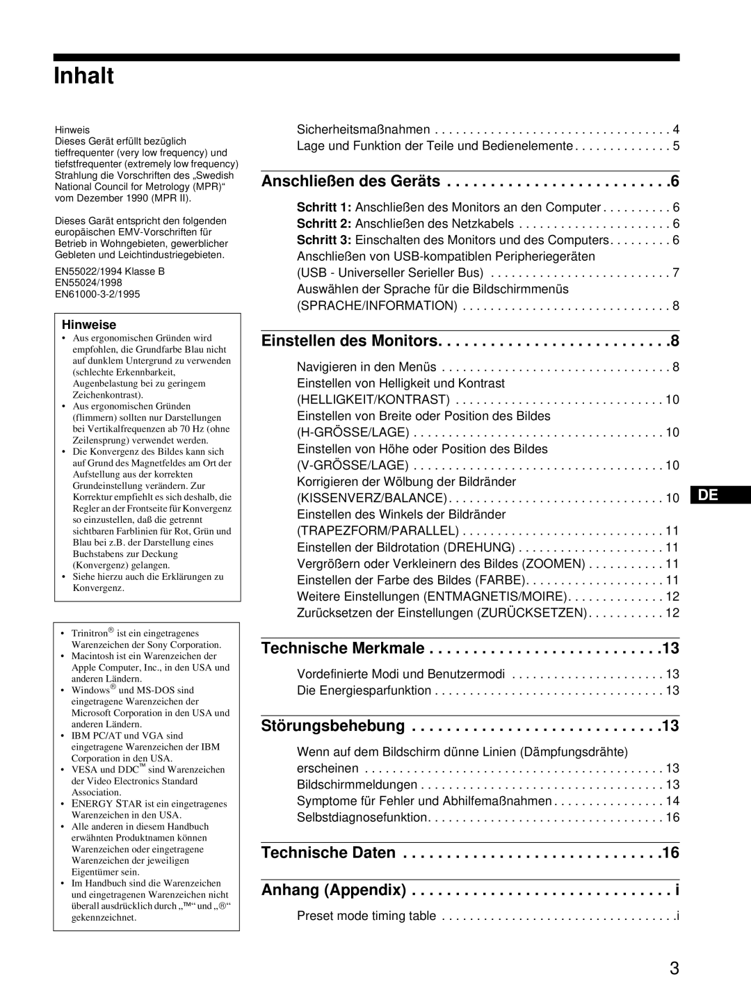 Sony HMD-A220 operating instructions Inhalt, Hinweise 