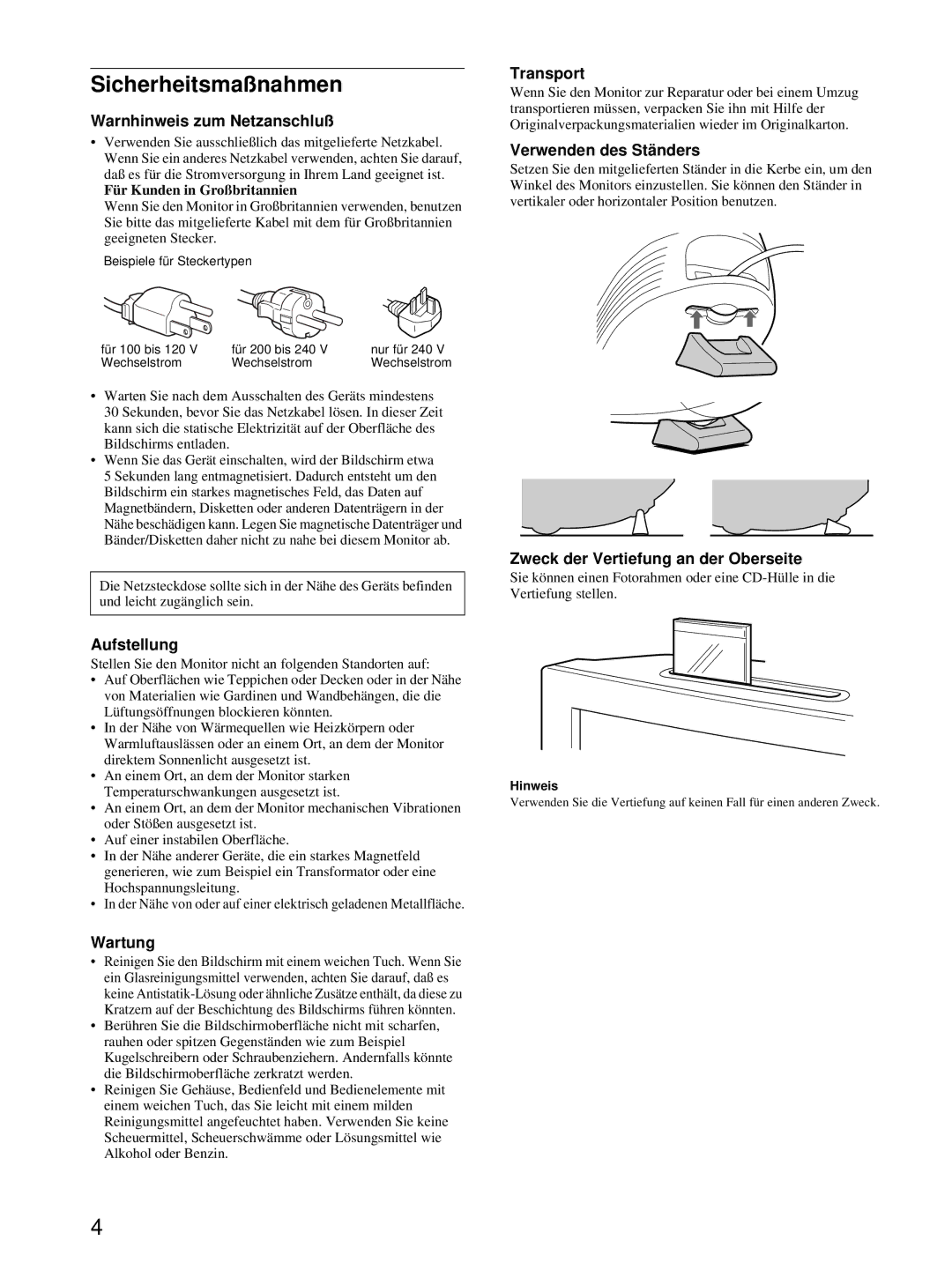 Sony HMD-A220 operating instructions Sicherheitsmaßnahmen 