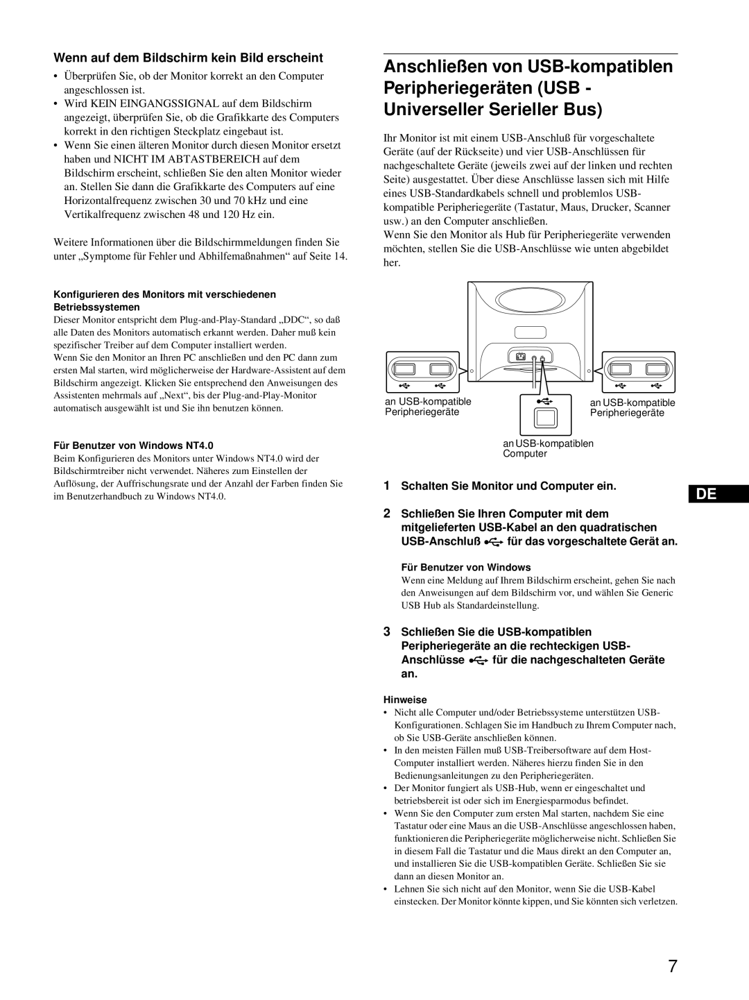 Sony HMD-A220 operating instructions Wenn auf dem Bildschirm kein Bild erscheint, Für Benutzer von Windows NT4.0, Hinweise 