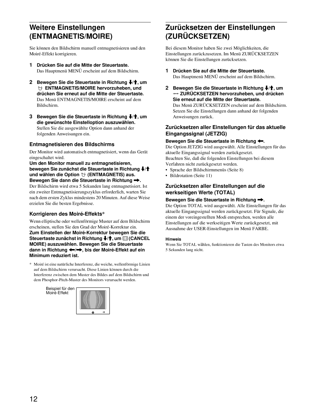 Sony HMD-A220 operating instructions Weitere Einstellungen, Entmagnetis/Moire, Zurücksetzen der Einstellungen 