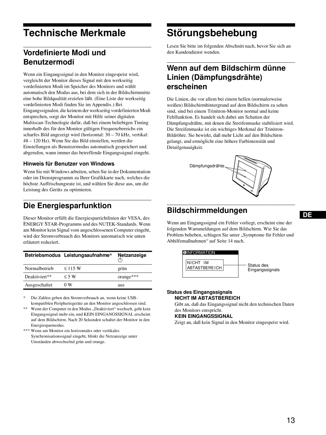 Sony HMD-A220 Technische Merkmale, Störungsbehebung, Vordefinierte Modi und Benutzermodi, Die Energiesparfunktion 