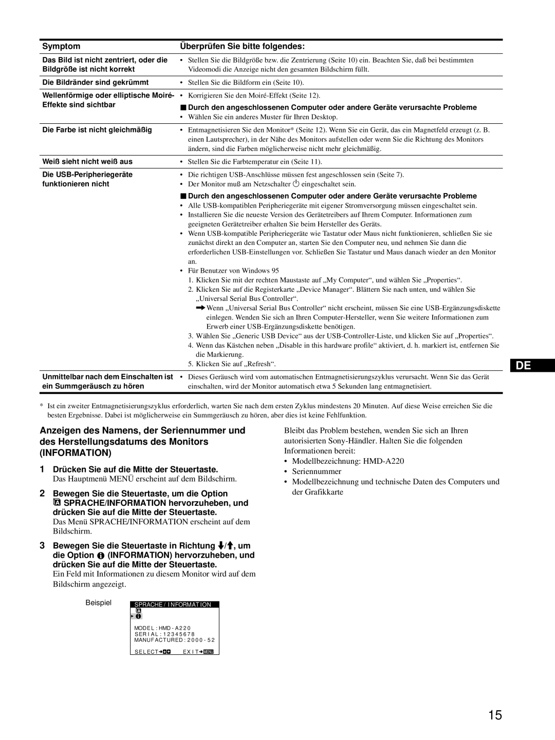 Sony HMD-A220 operating instructions Das Menü SPRACHE/INFORMATION erscheint auf dem Bildschirm 