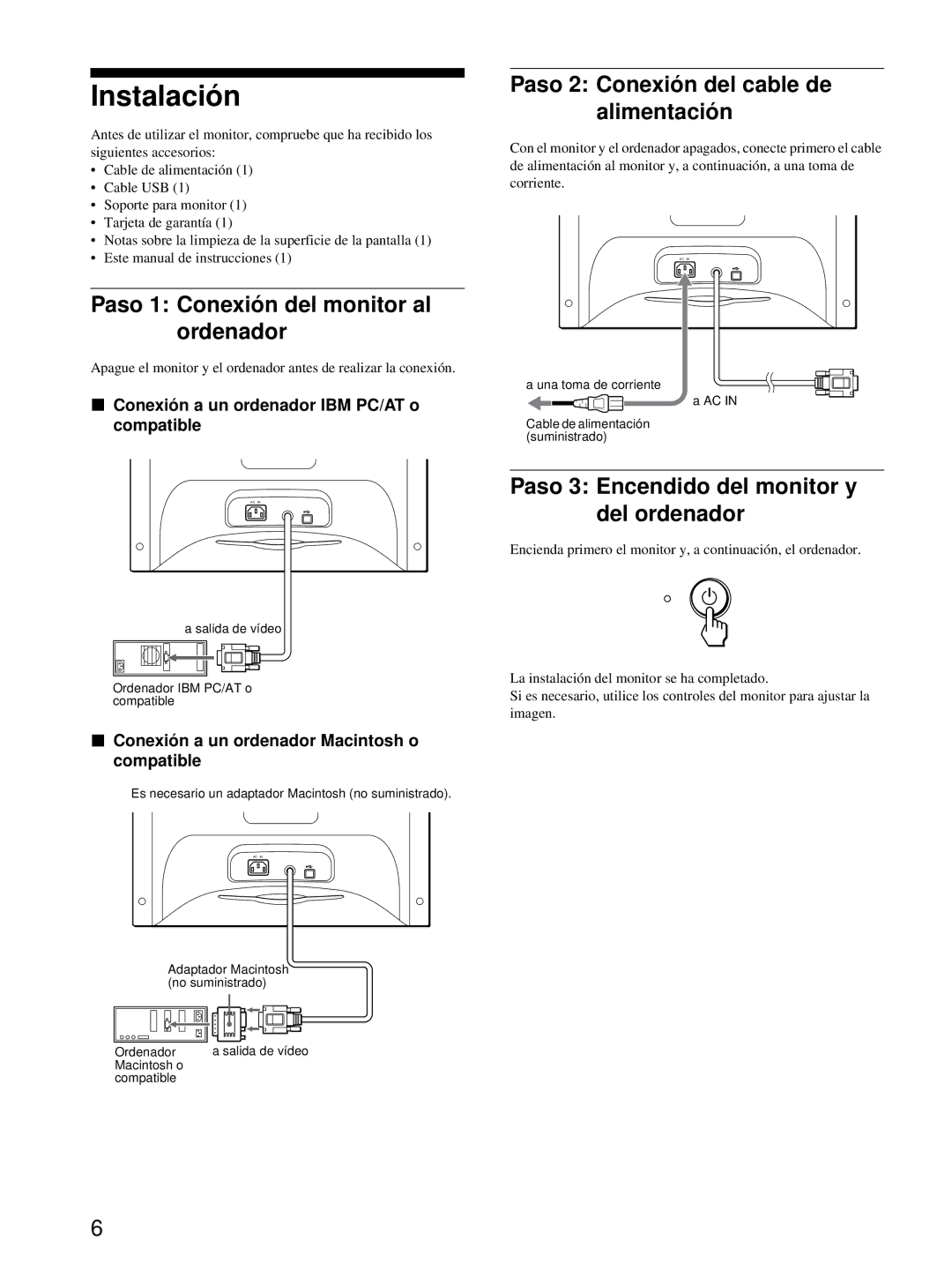 Sony HMD-A220 Instalación, Paso 1 Conexión del monitor al ordenador, Paso 2 Conexión del cable de alimentación 