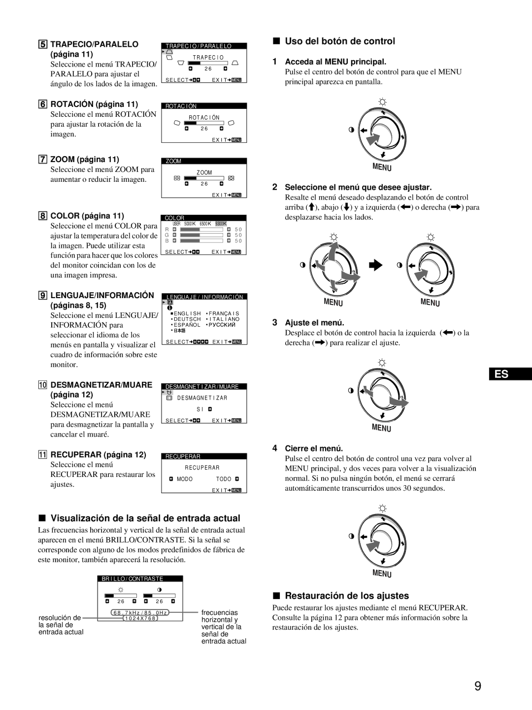 Sony HMD-A220 Uso del botón de control, Visualización de la señal de entrada actual, Restauración de los ajustes 