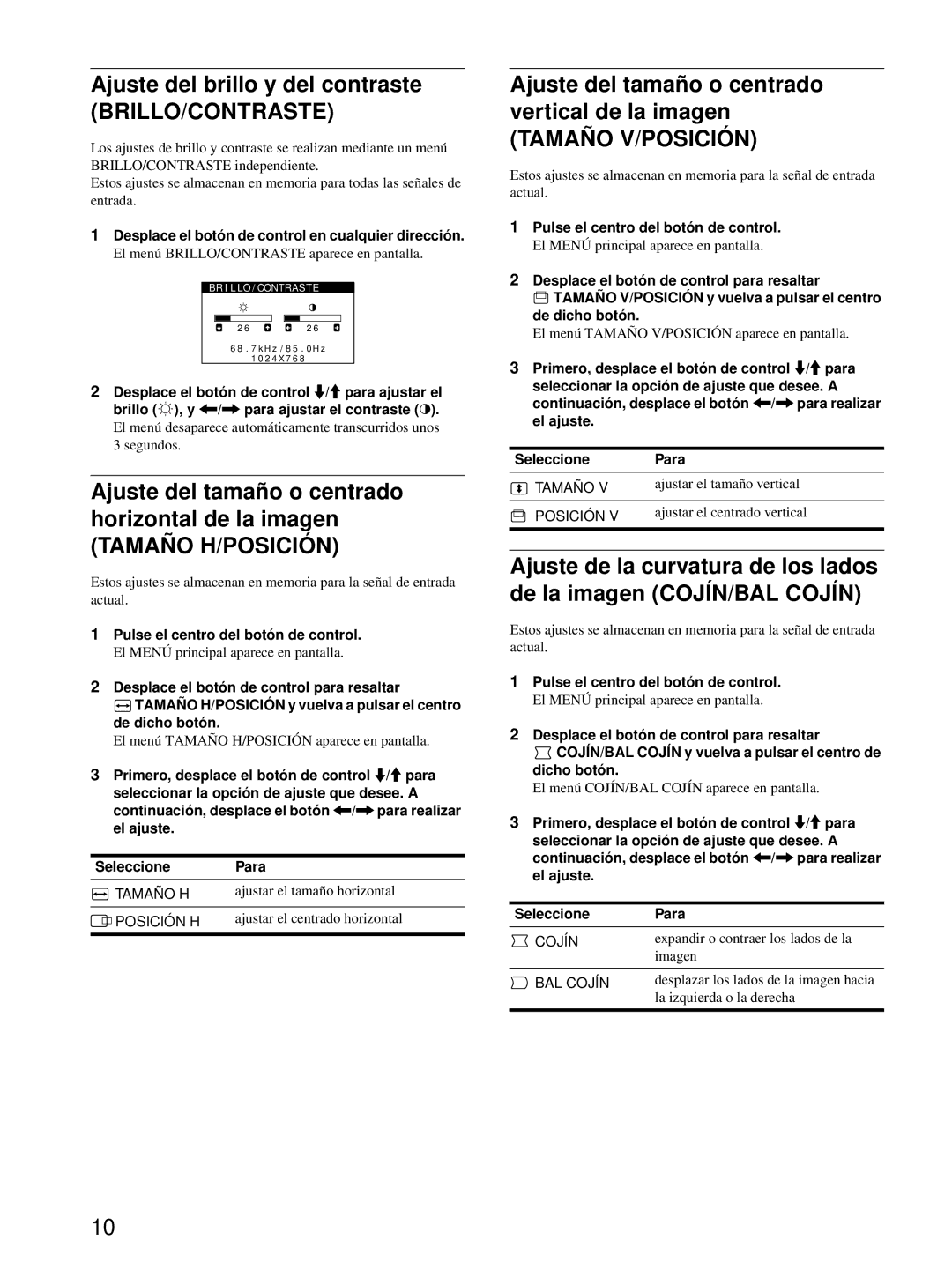 Sony HMD-A220 operating instructions Brillo/Contraste, Tamaño H/POSICIÓN, Tamaño V/POSICIÓN 