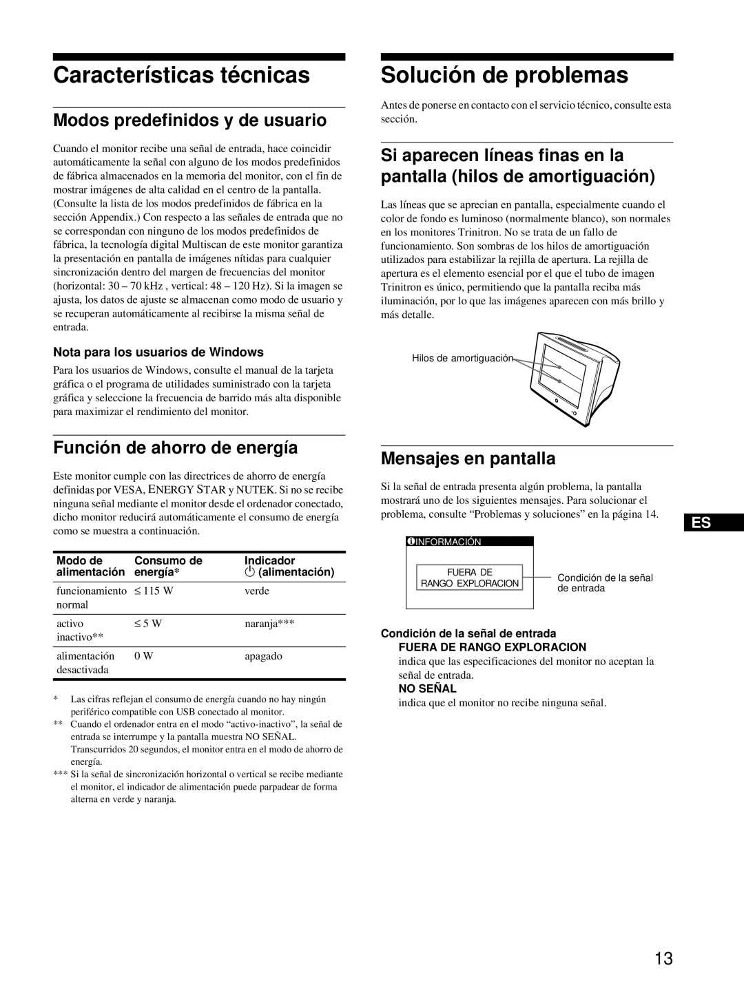 Sony HMD-A220 Características técnicas, Solución de problemas, Modos predefinidos y de usuario, Mensajes en pantalla 