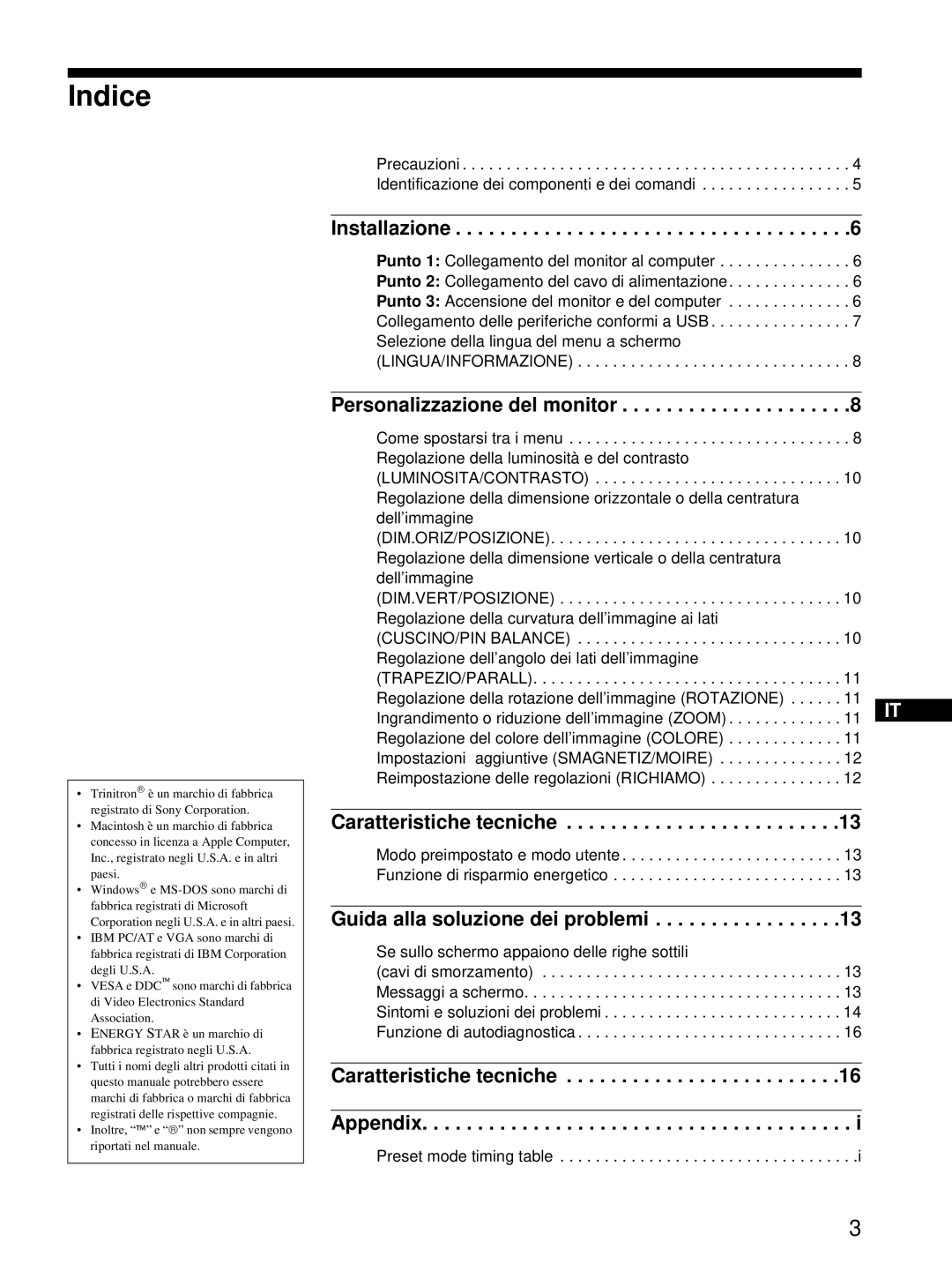 Sony HMD-A220 operating instructions Indice, Installazione 