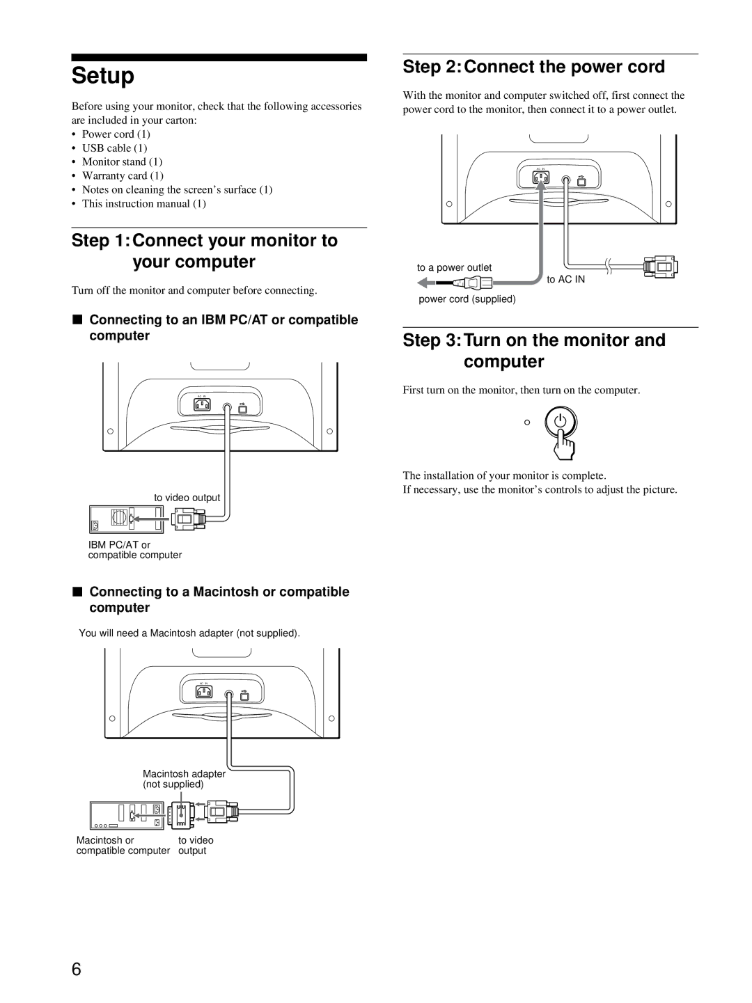 Sony HMD-A220 Setup, Connect your monitor to your computer, Connect the power cord, Turn on the monitor and computer 