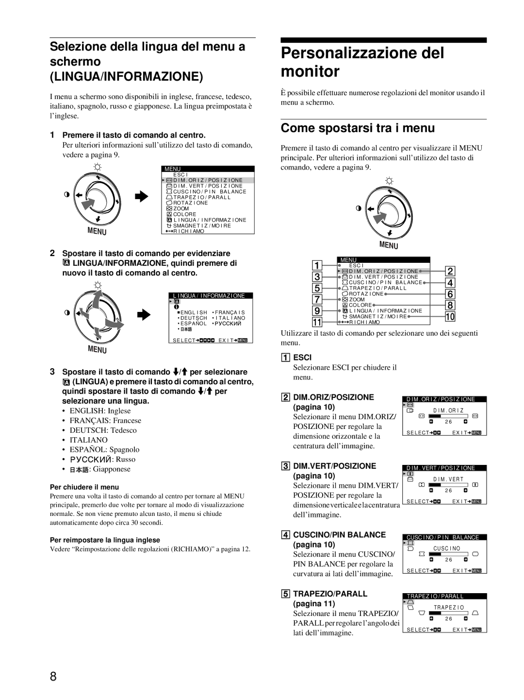 Sony HMD-A220 Personalizzazione del monitor, Selezione della lingua del menu a schermo, Lingua/Informazione 