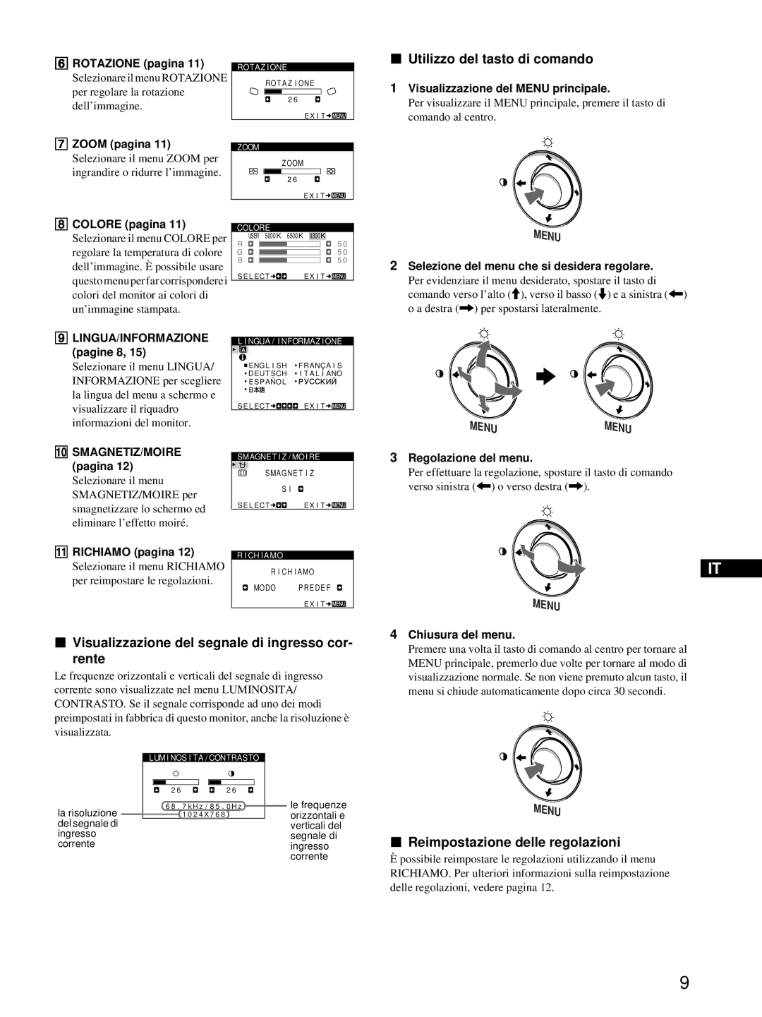 Sony HMD-A220 Utilizzo del tasto di comando, Visualizzazione del segnale di ingresso cor- rente, Lingua/Informazione 