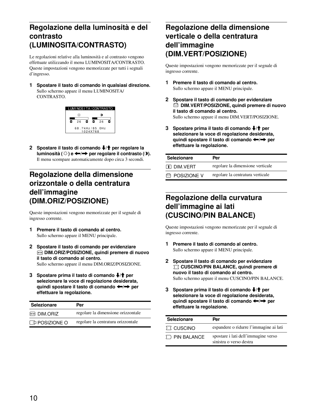 Sony HMD-A220 Regolazione della luminosità e del contrasto, Luminosita/Contrasto, CUSCINO/PIN Balance 