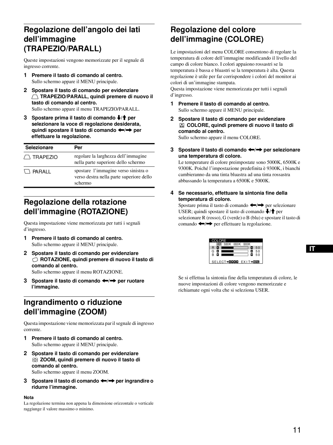 Sony HMD-A220 Regolazione dell’angolo dei lati dell’immagine, Trapezio/Parall, Regolazione del colore dell’immagine Colore 