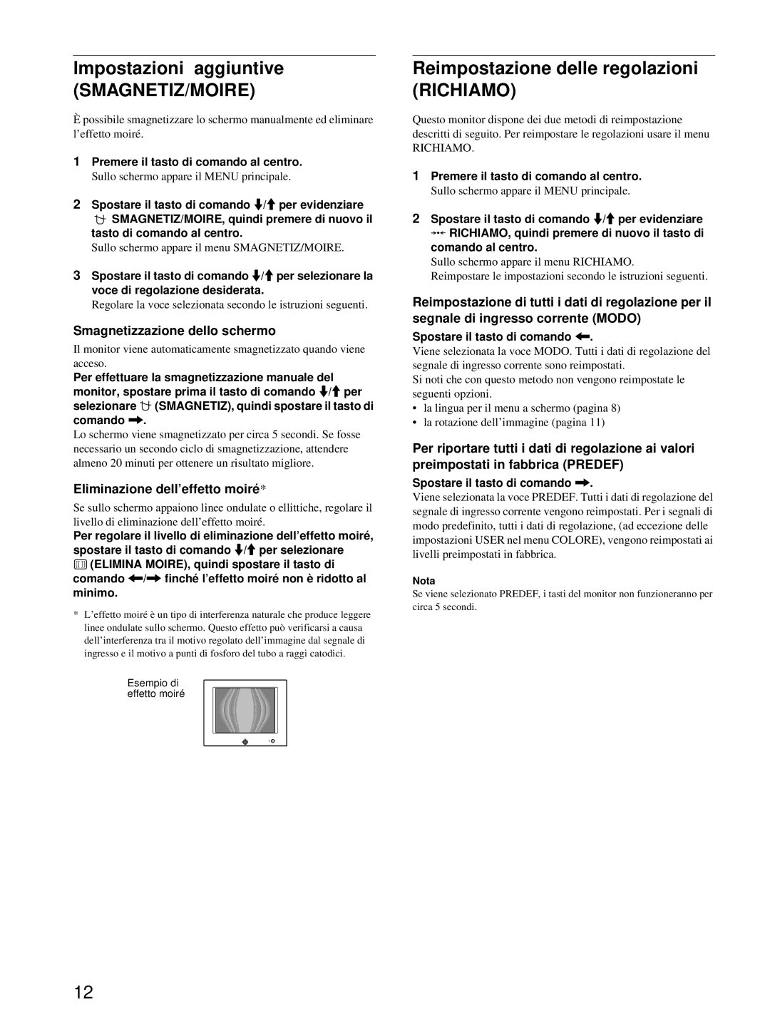 Sony HMD-A220 operating instructions Impostazioni aggiuntive, Smagnetiz/Moire, Reimpostazione delle regolazioni Richiamo 