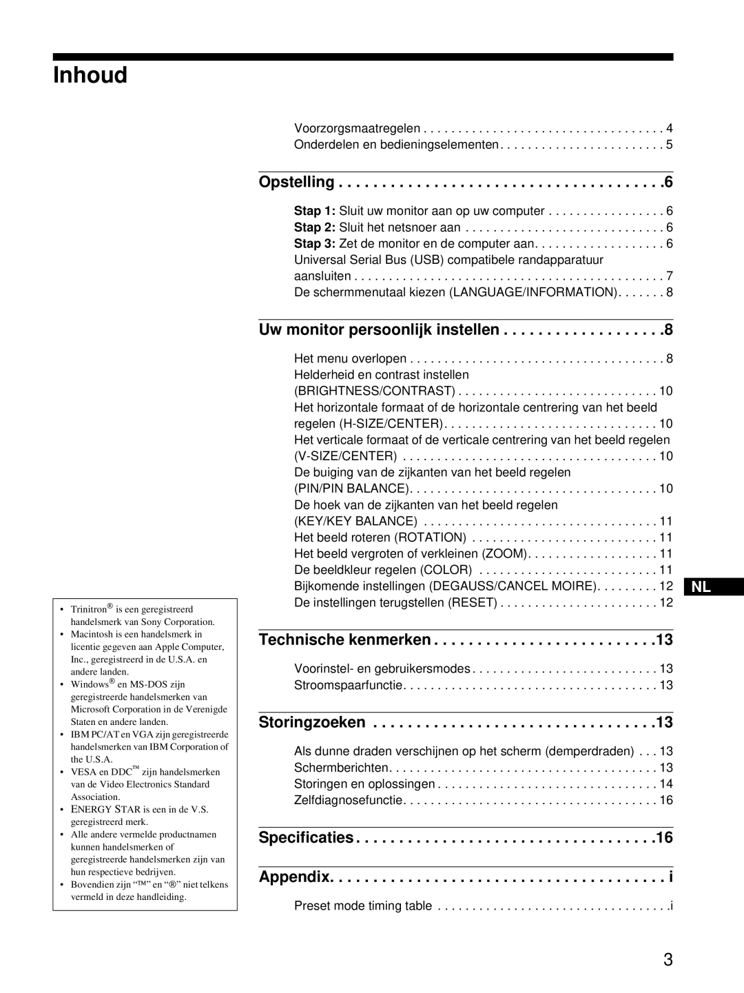 Sony HMD-A220 operating instructions Inhoud, Opstelling 