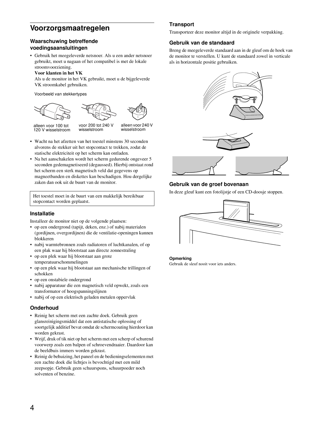 Sony HMD-A220 operating instructions Voorzorgsmaatregelen 