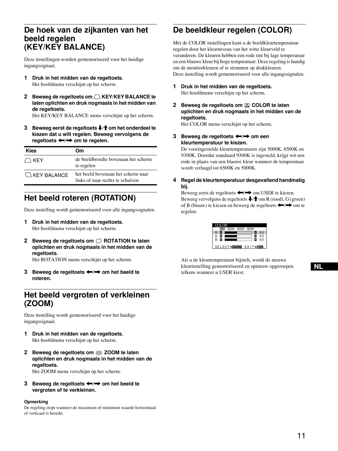 Sony HMD-A220 De hoek van de zijkanten van het beeld regelen, KEY/KEY Balance, Het beeld roteren Rotation 