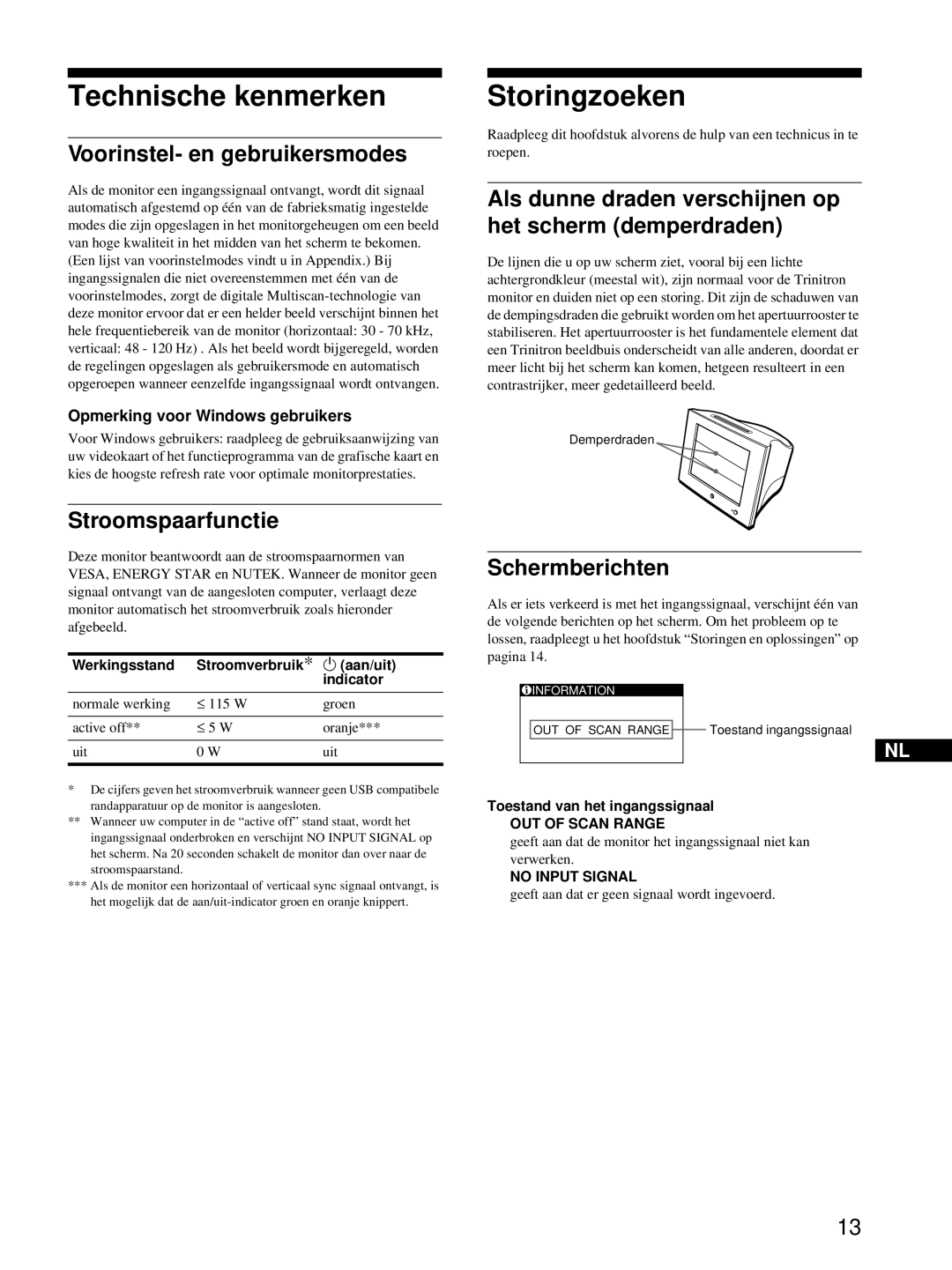 Sony HMD-A220 operating instructions Technische kenmerken, Storingzoeken 