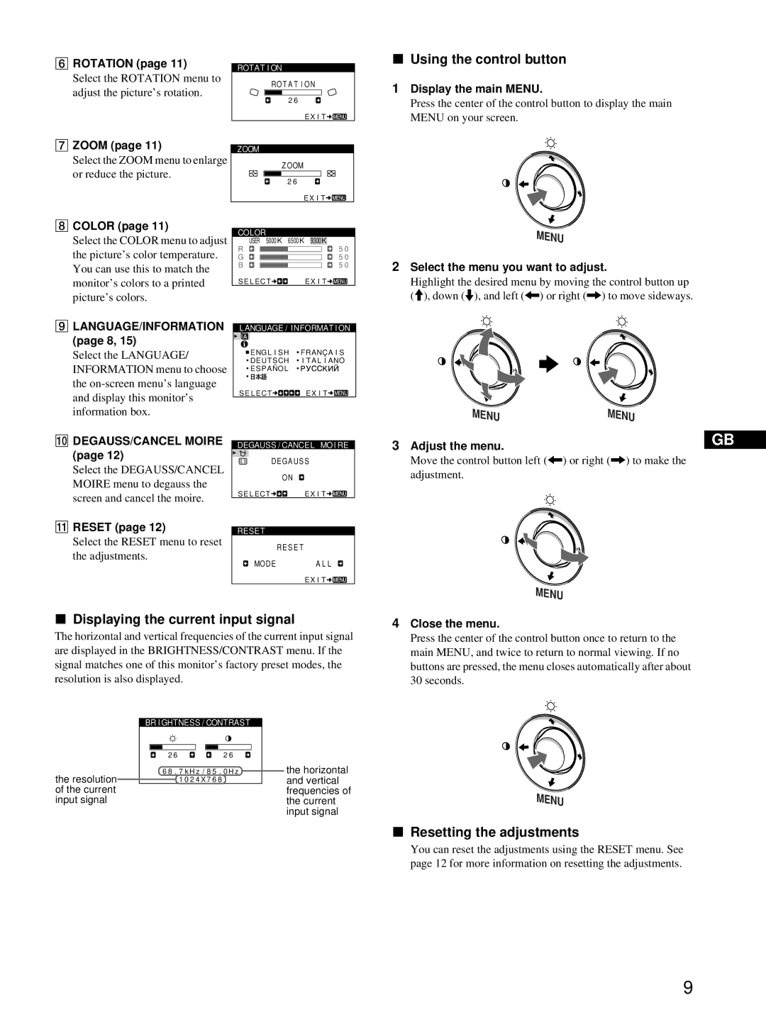 Sony HMD-A220 Using the control button, Displaying the current input signal, Resetting the adjustments 