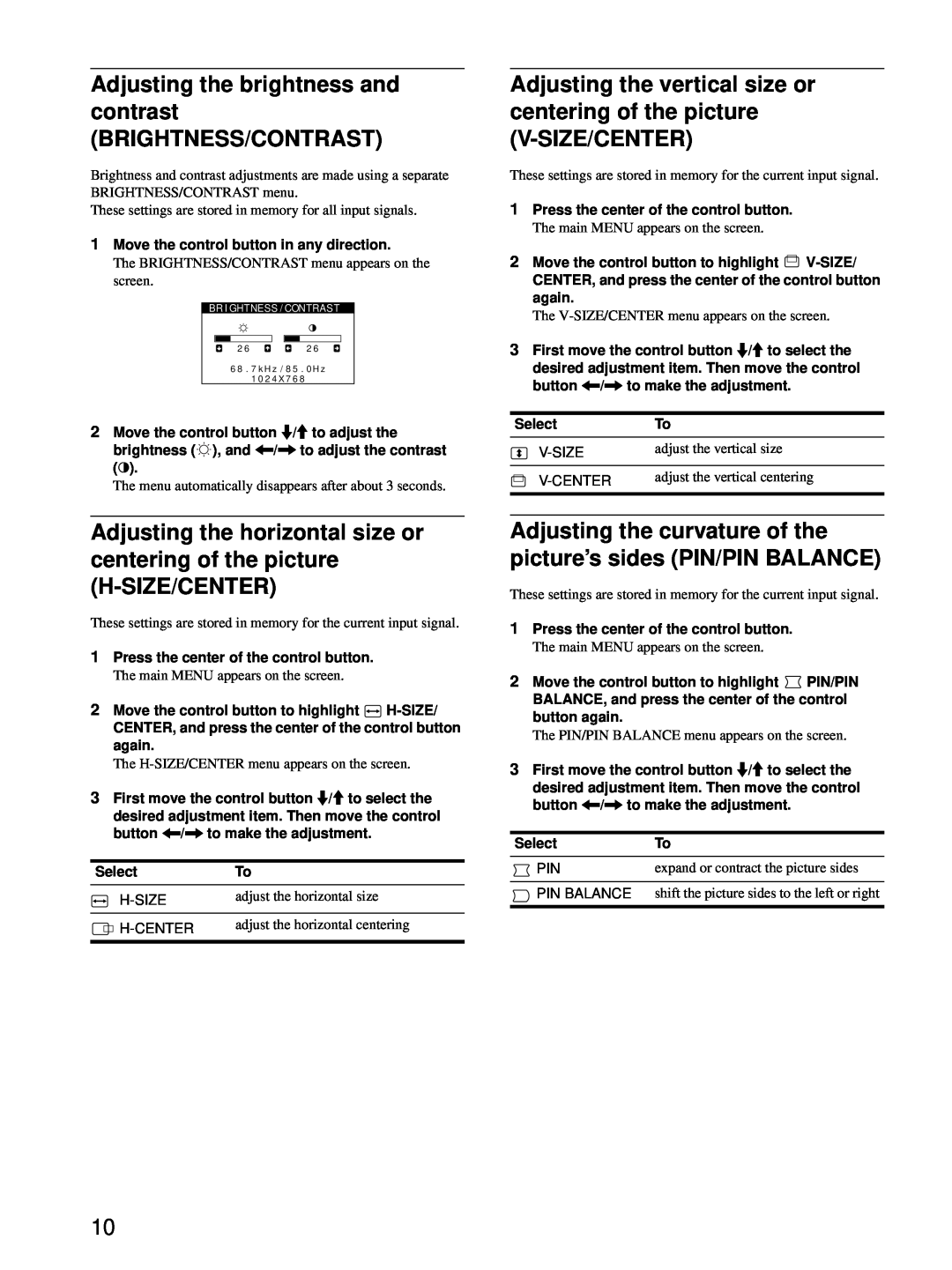 Sony HMD-A220 operating instructions Adjusting the brightness and contrast BRIGHTNESS/CONTRAST, adjust the horizontal size 