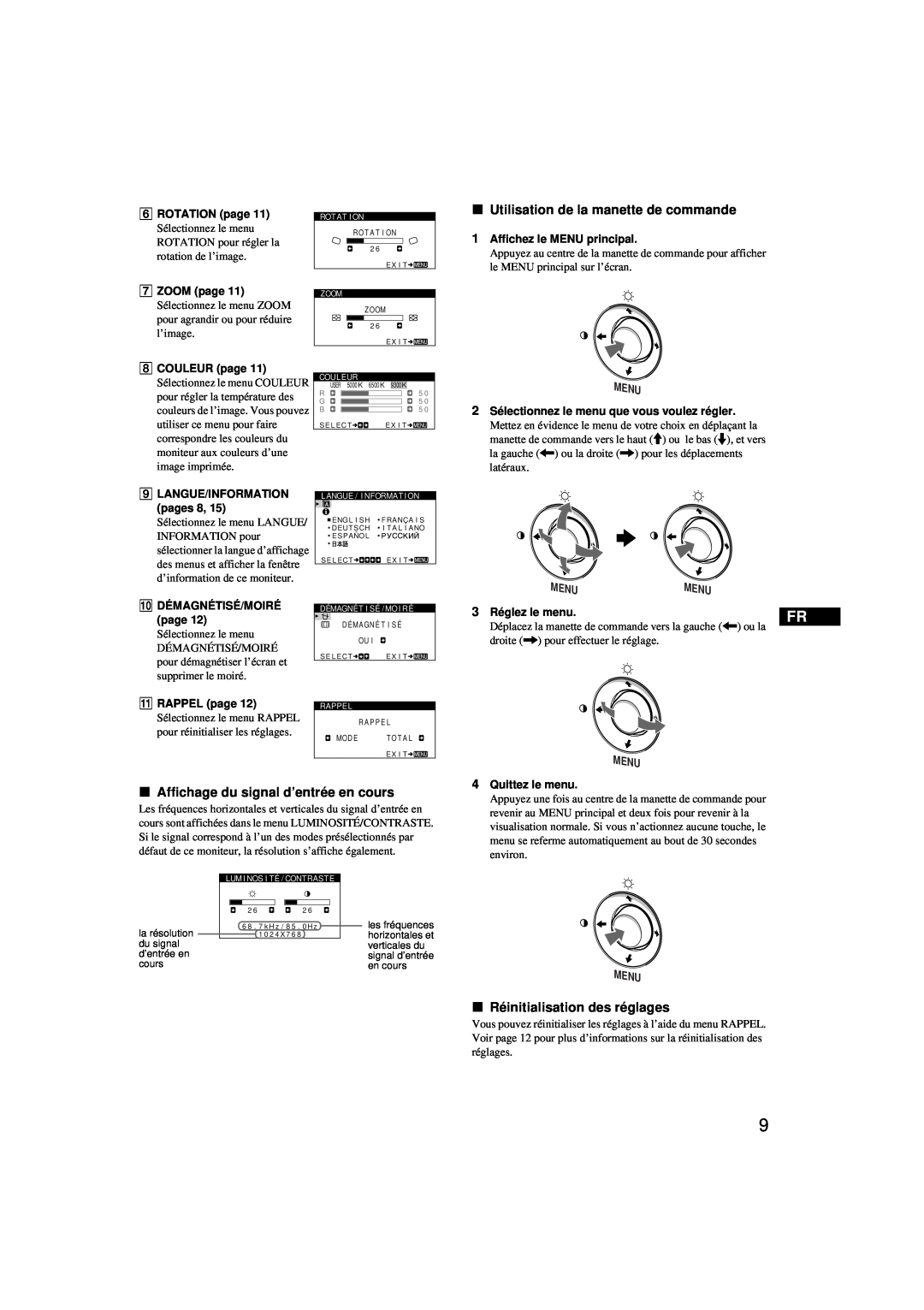 Sony HMD-A220 operating instructions x Utilisation de la manette de commande, x Affichage du signal d’entrée en cours, Menu 