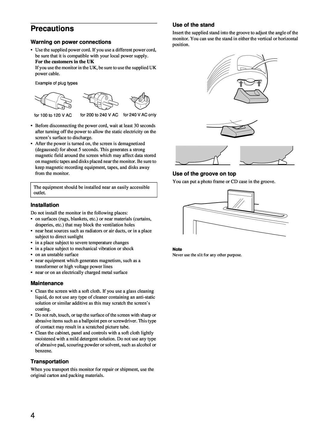 Sony HMD-A220 Precautions, Warning on power connections, Use of the stand, Installation, Maintenance, Transportation 