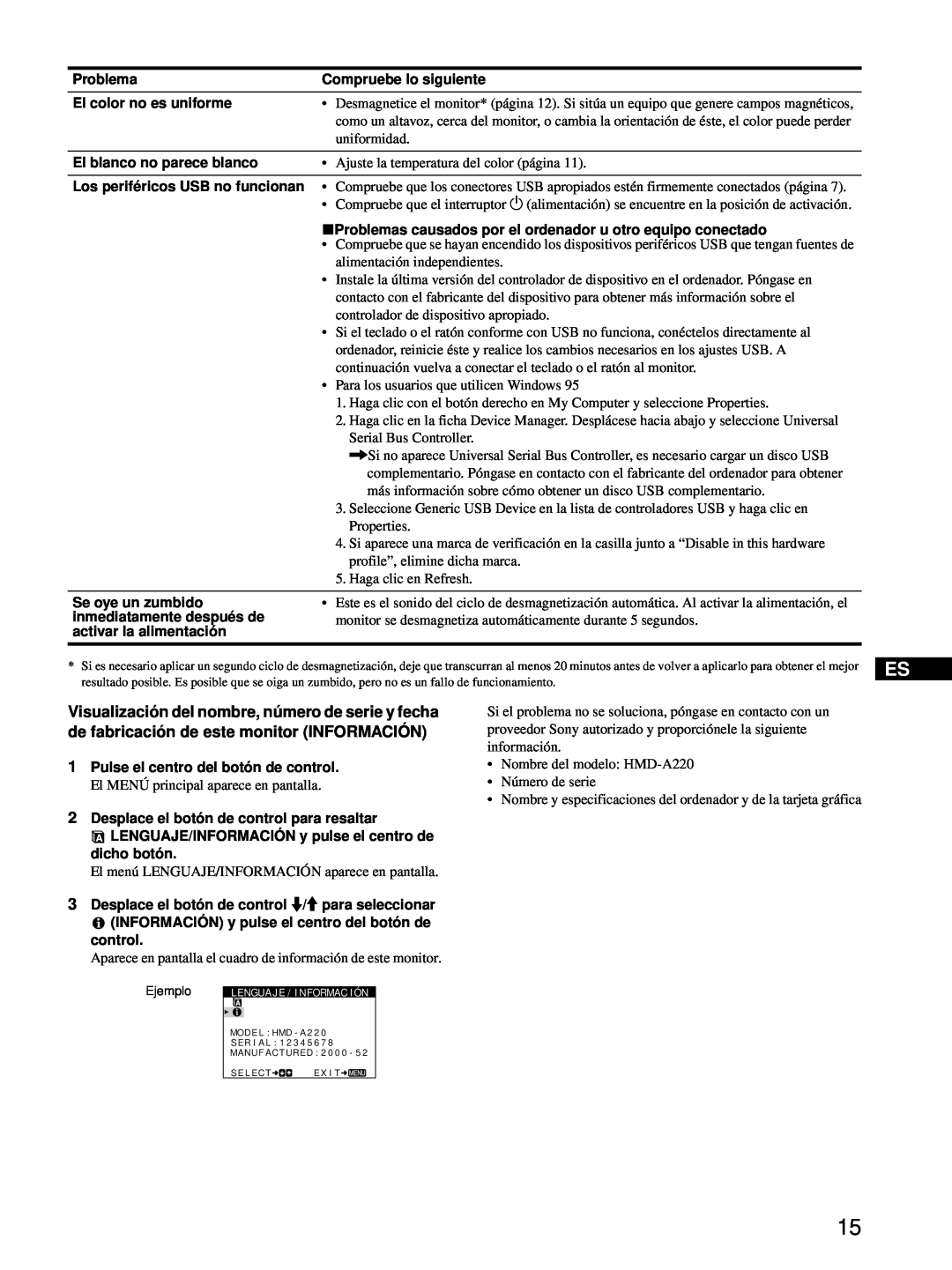 Sony HMD-A220 operating instructions Ejemplo, Lengua J E / I Nformac I Ón 