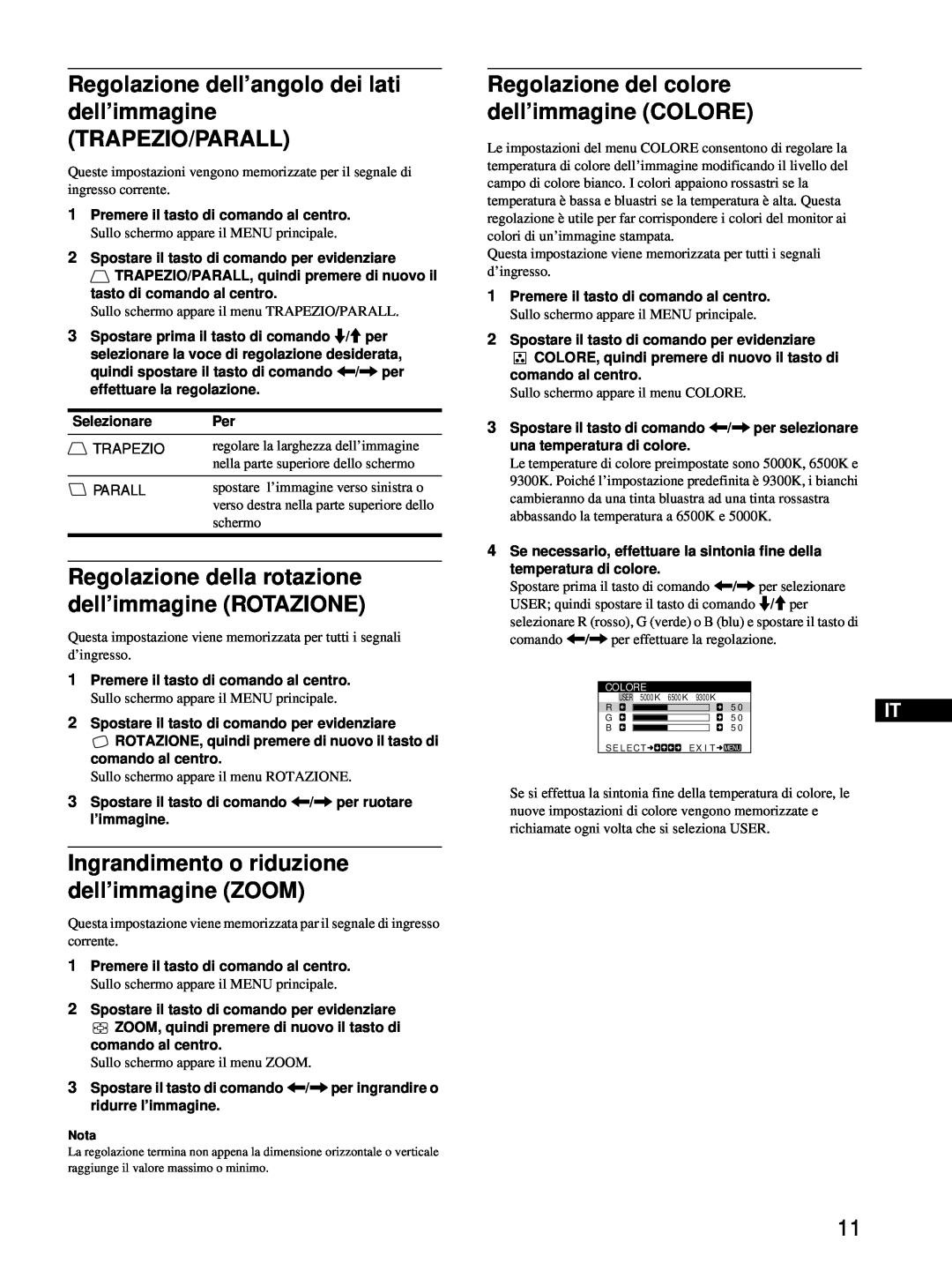Sony HMD-A220 Regolazione dell’angolo dei lati dell’immagine TRAPEZIO/PARALL, Regolazione del colore dell’immagine COLORE 