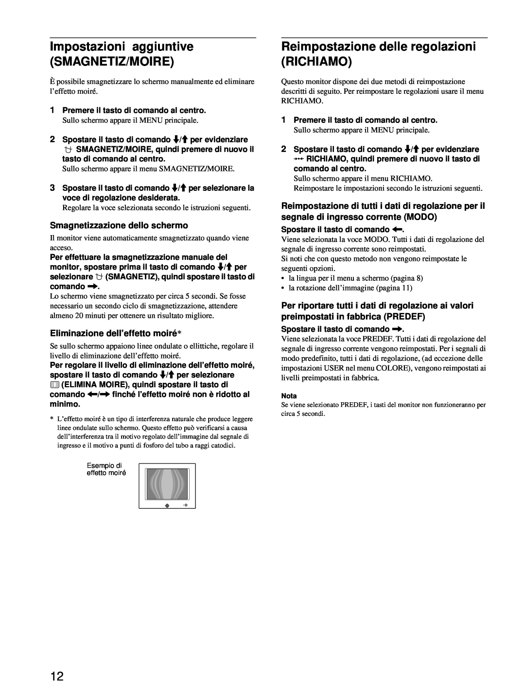 Sony HMD-A220 operating instructions Impostazioni aggiuntive SMAGNETIZ/MOIRE, Reimpostazione delle regolazioni RICHIAMO 