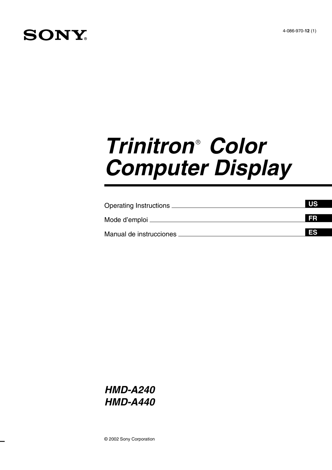 Sony HMD-A240 manual Trinitronâ Color Computer Display 