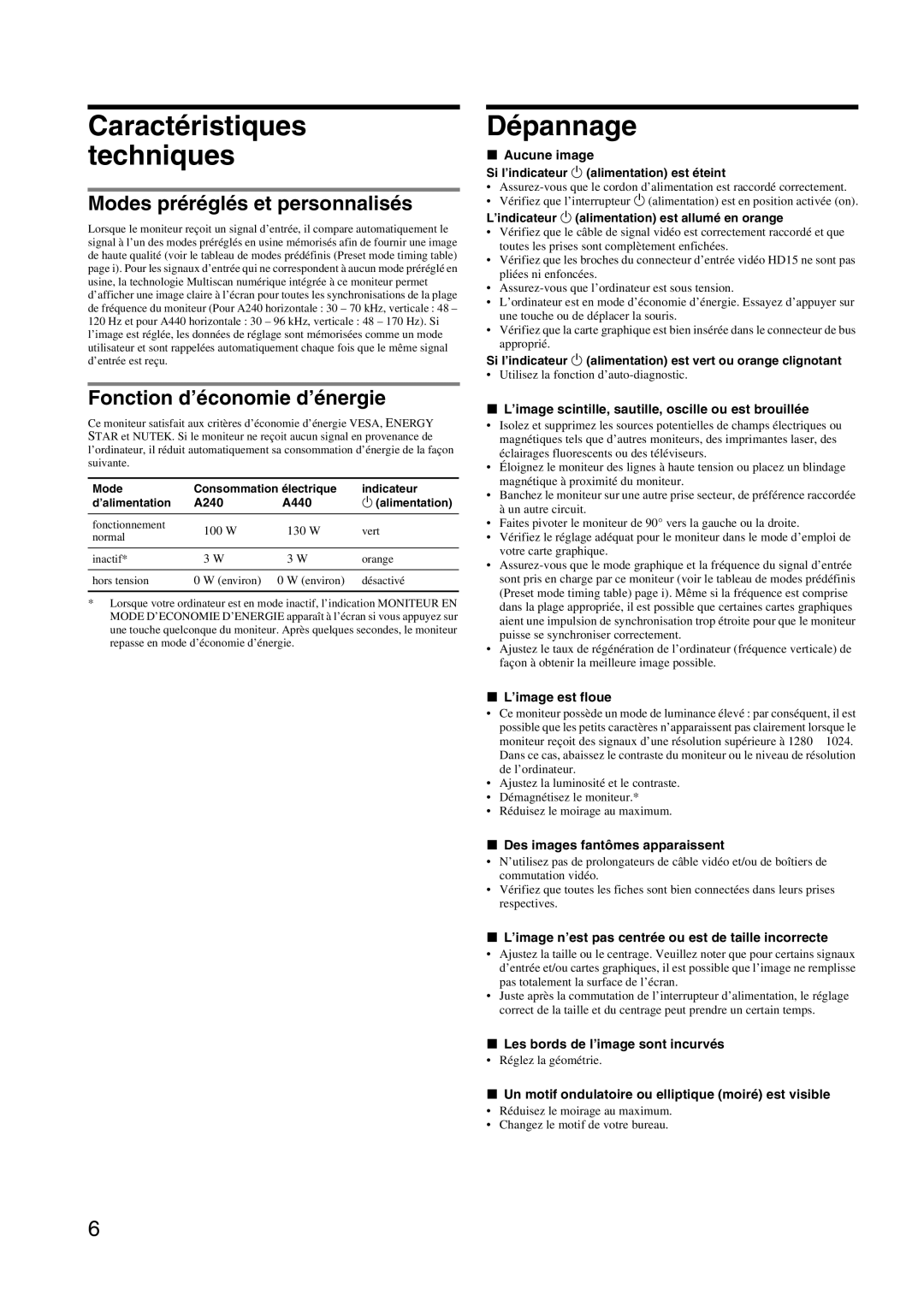 Sony HMD-A240 Caractéristiques techniques, Dépannage, Modes préréglés et personnalisés, Fonction d’économie d’énergie 