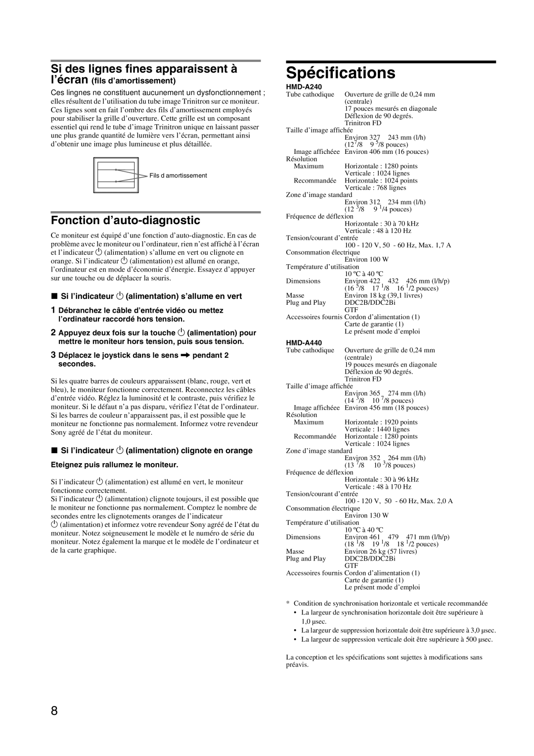 Sony HMD-A240 manual Spécifications, Si des lignes fines apparaissent à, Fonction d’auto-diagnostic 