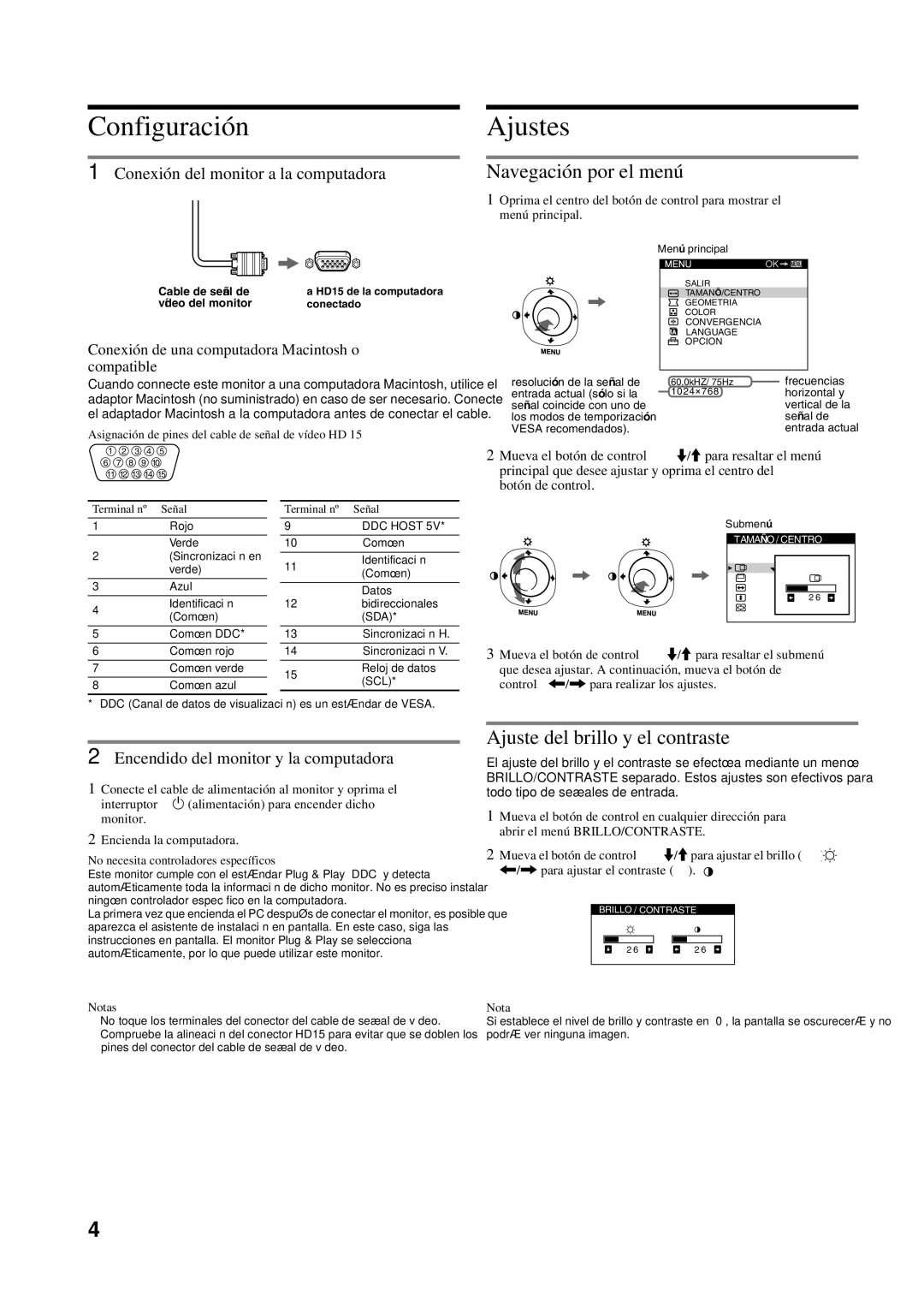 Sony HMD-A240 manual Configuración, Ajustes, Navegación por el menú, Ajuste del brillo y el contraste 