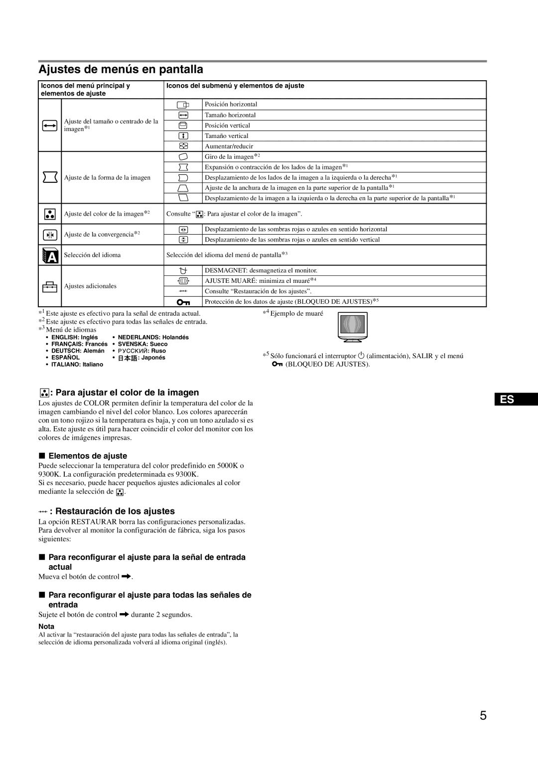 Sony HMD-A240 manual Ajustes de menús en pantalla, Para ajustar el color de la imagen, Restauración de los ajustes 