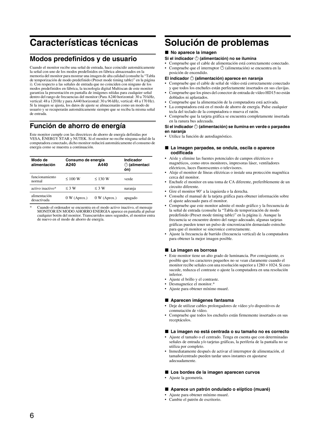 Sony HMD-A240 manual Características técnicas, Solución de problemas, Modos predefinidos y de usuario 