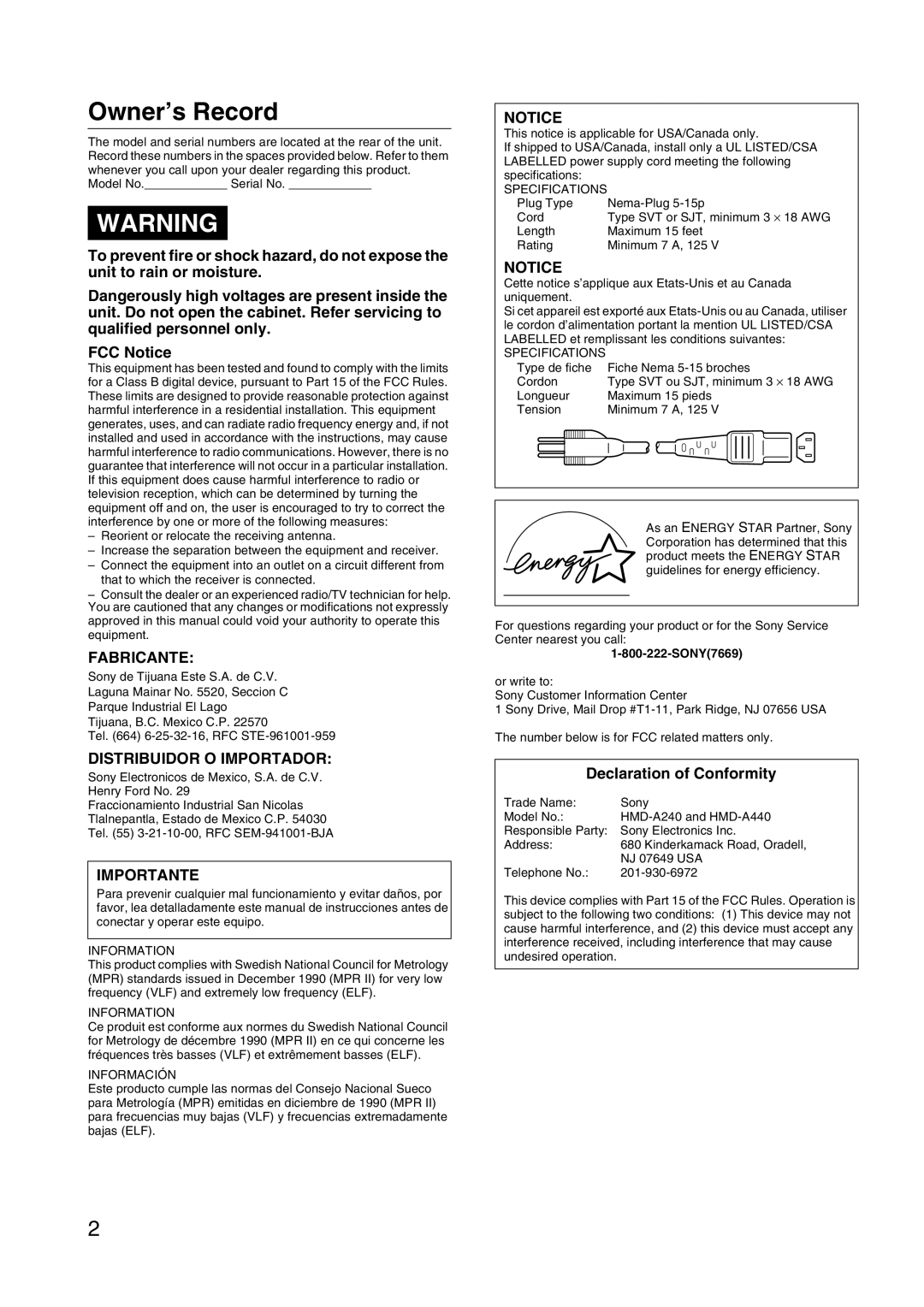 Sony HMD-A240 manual Declaration of Conformity, SONY7669 