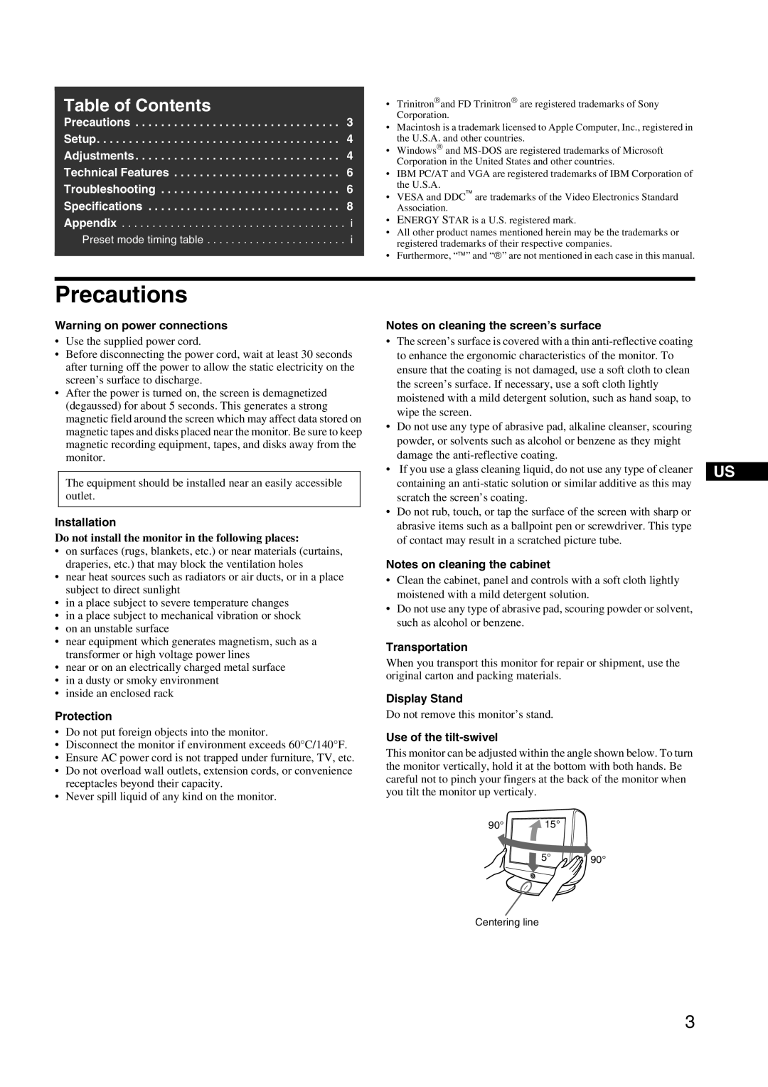 Sony HMD-A240 manual Precautions, Table of Contents 