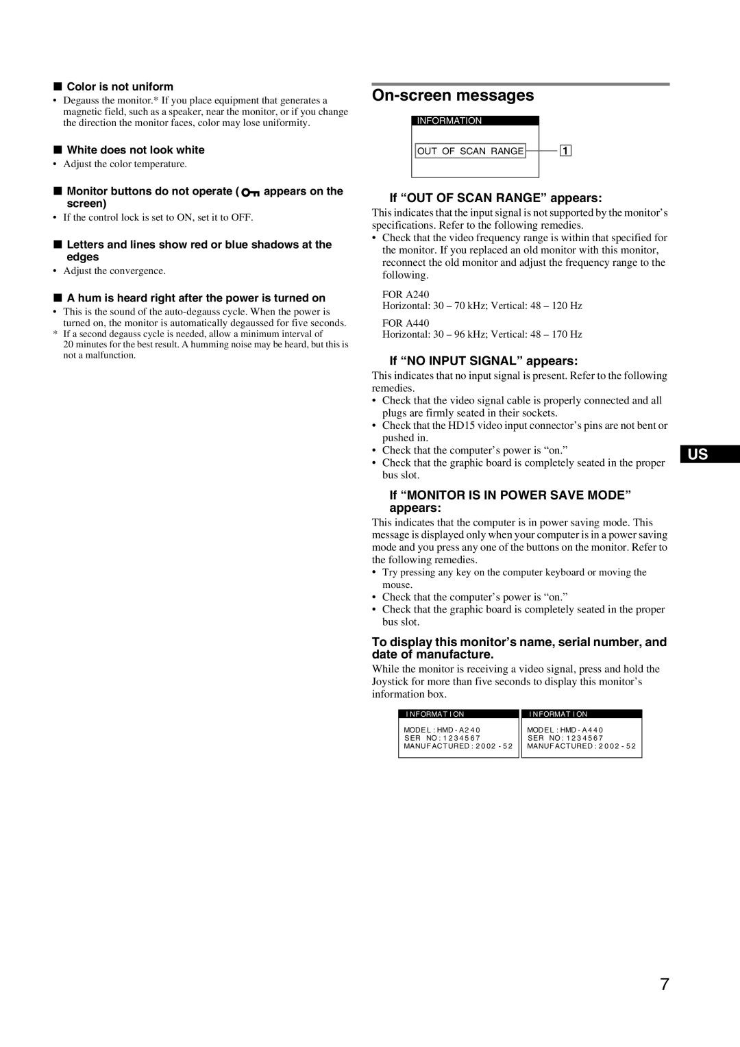 Sony HMD-A240 manual On-screen messages, If OUT of Scan Range appears, If no Input Signal appears 