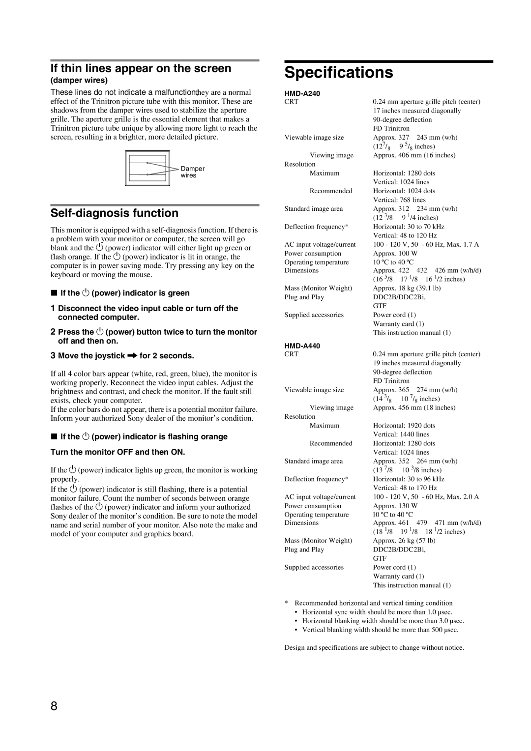 Sony HMD-A240 manual Specifications, If thin lines appear on the screen, Self-diagnosis function, Damper wires 