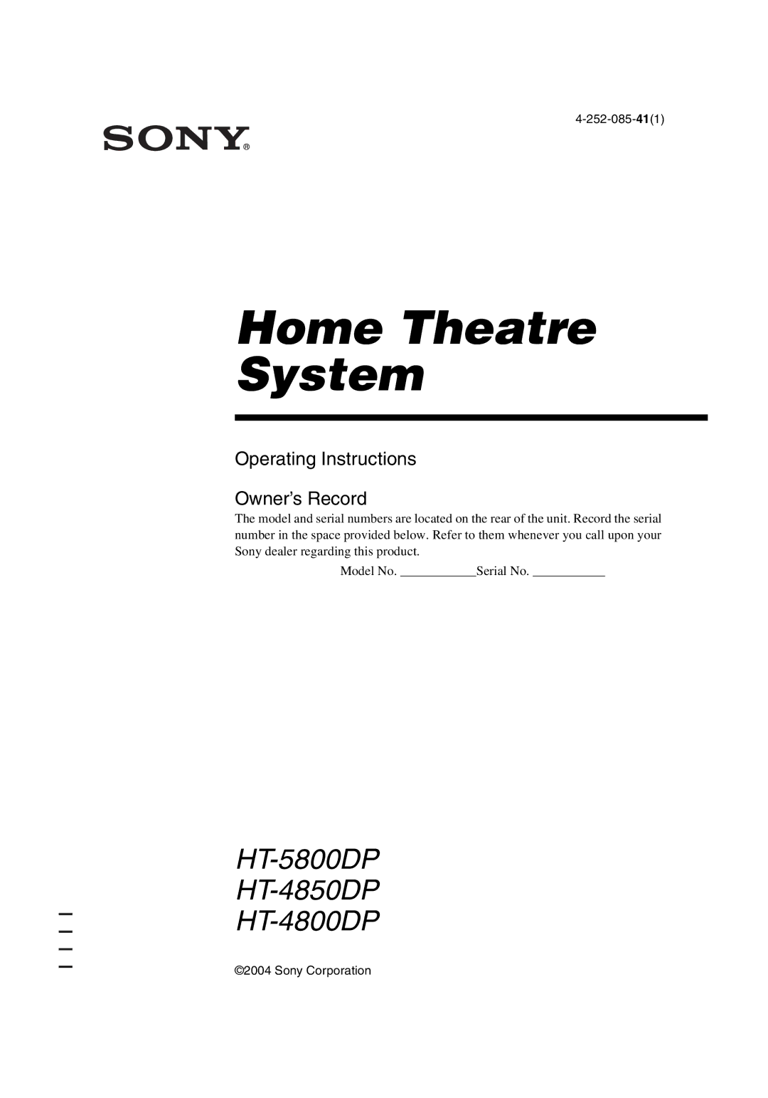 Sony HT-4850DP, HT-5800DP manual Home Theatre System 