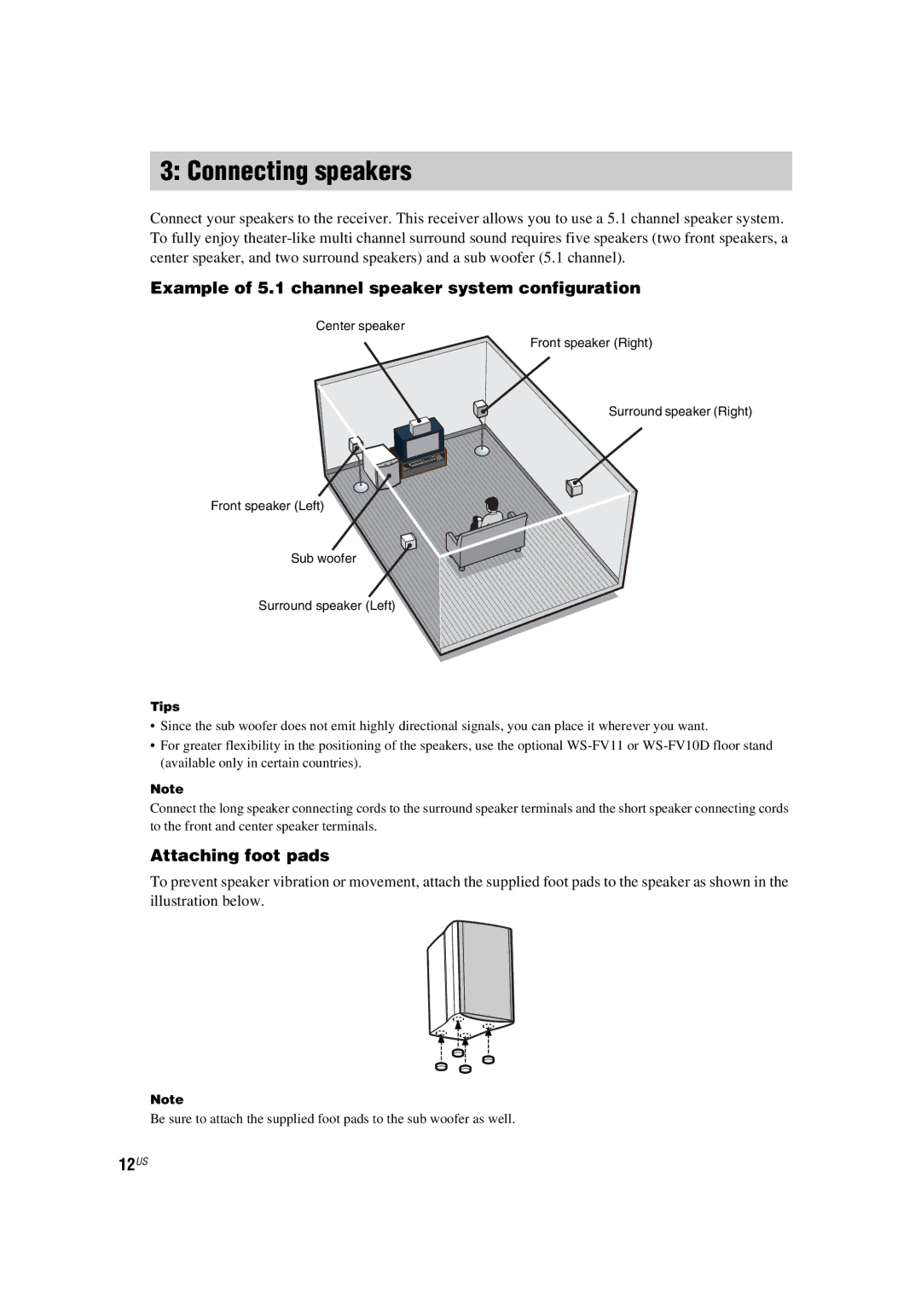 Sony HT-5800DP manual Connecting speakers, Example of 5.1 channel speaker system configuration, Attaching foot pads, 12US 