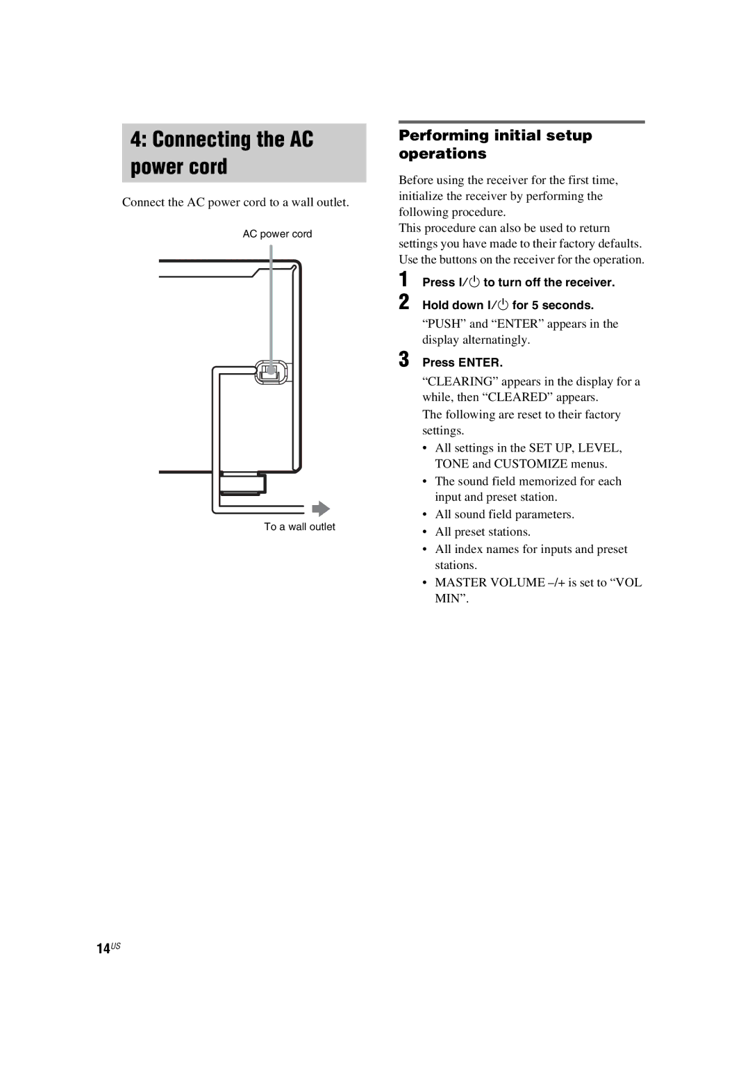 Sony HT-5800DP, HT-4850DP manual Connecting the AC power cord, Performing initial setup operations, 14US, Press Enter 