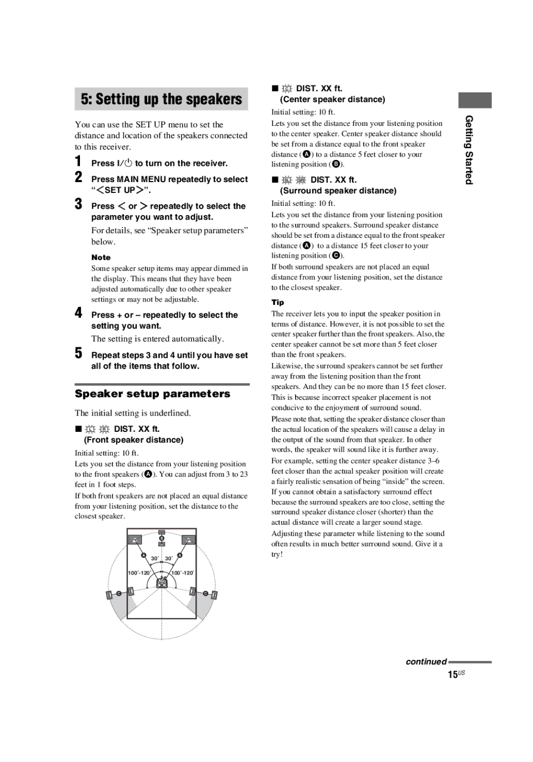 Sony HT-4850DP, HT-5800DP manual Speaker setup parameters, Getting Started 15US 