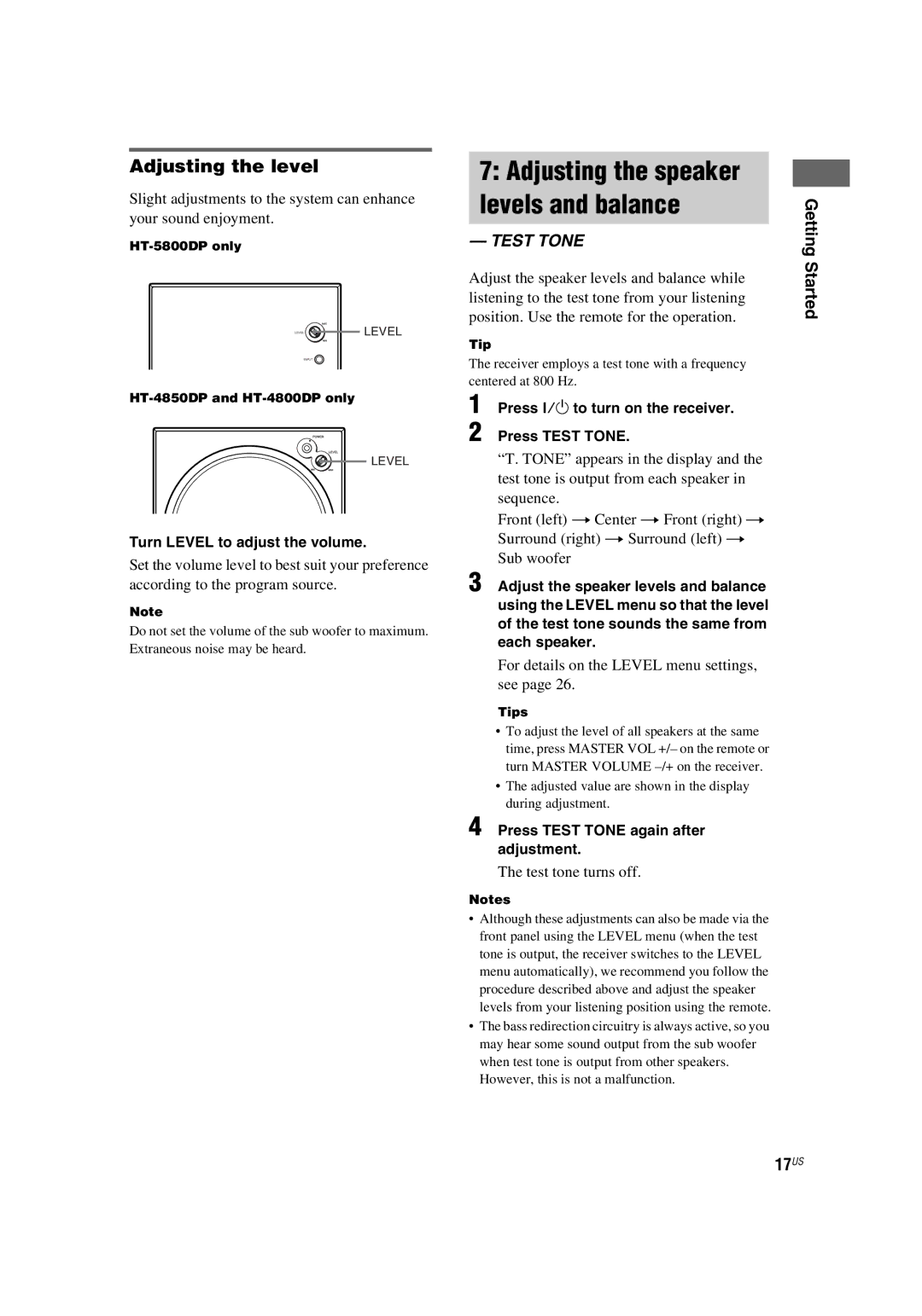 Sony HT-4850DP, HT-5800DP manual Adjusting the level, Getting Started 17US, Turn Level to adjust the volume 